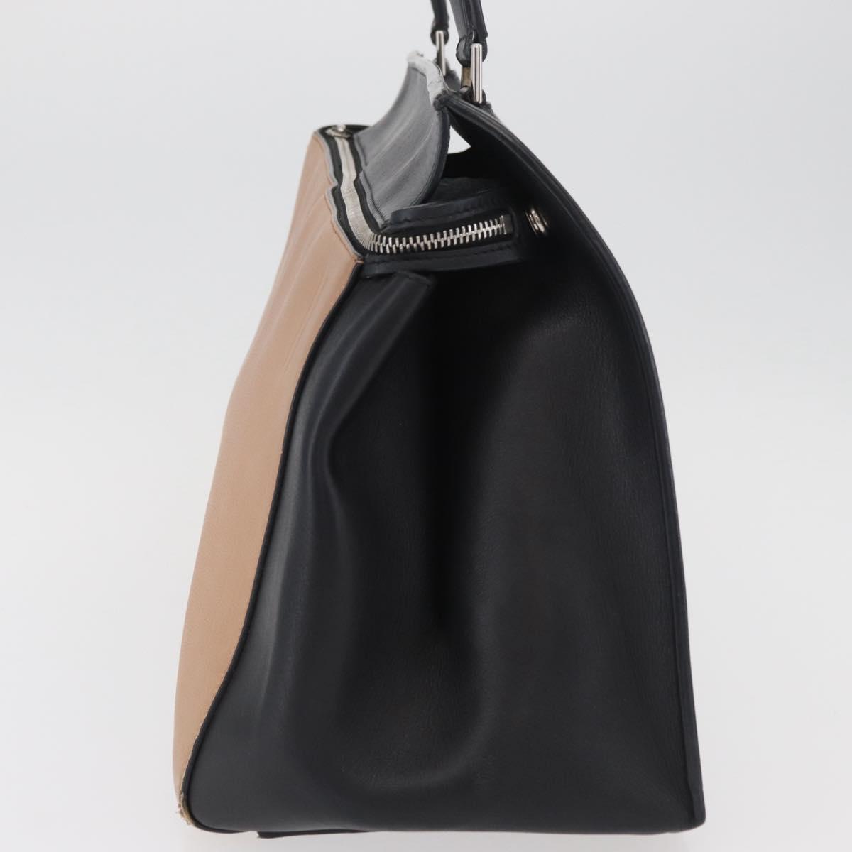 CELINE Edge Hand Bag Leather Beige Black Silver Auth am11657A