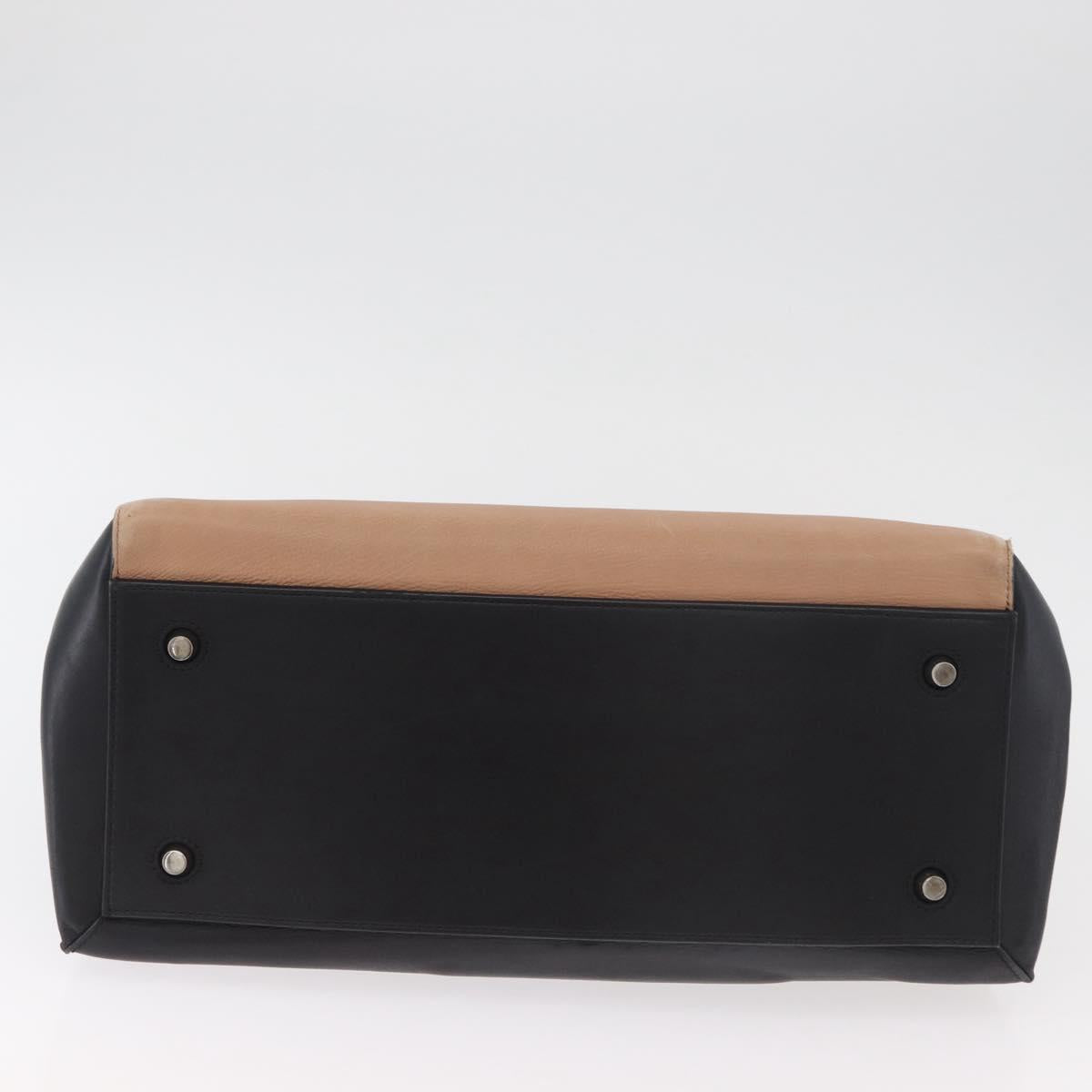 CELINE Edge Hand Bag Leather Beige Black Silver Auth am11657A