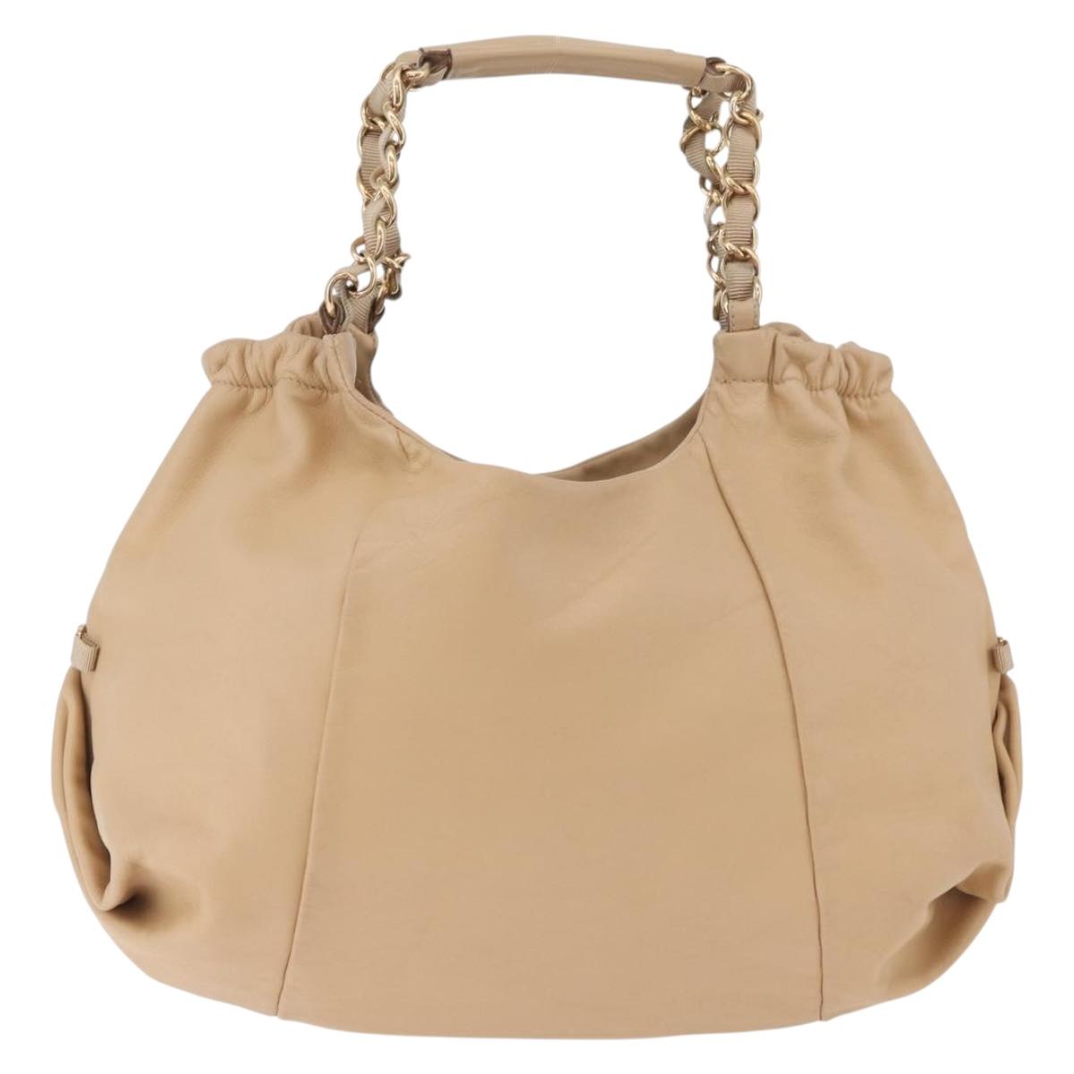 Salvatore Ferragamo Chain Vala Hand Bag Leather Beige Gold Auth am11658A