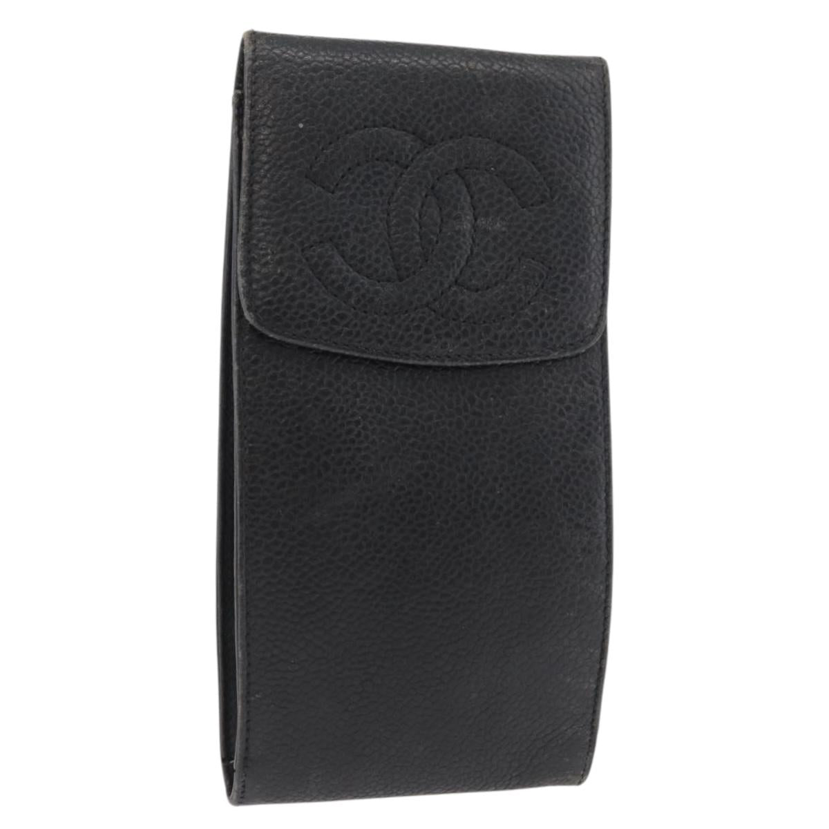 CHANEL Glasses Case Caviar Skin Black Gold CC Auth am11661