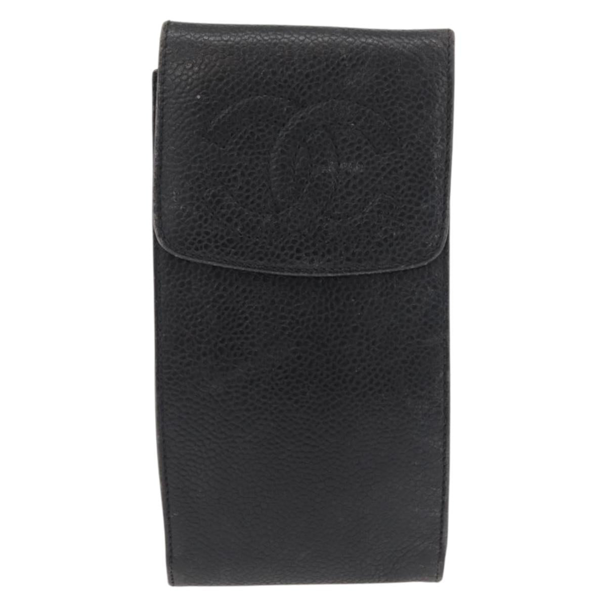 CHANEL Glasses Case Caviar Skin Black Gold CC Auth am11661