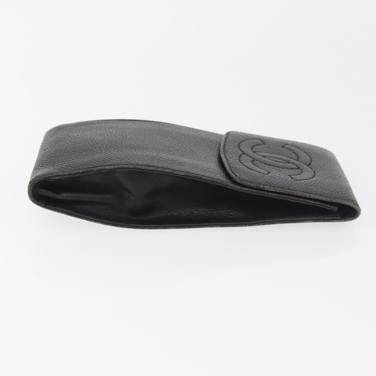 CHANEL Glasses Case Caviar Skin Black Gold CC Auth am11661