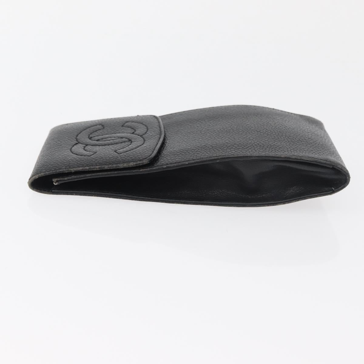 CHANEL Glasses Case Caviar Skin Black Gold CC Auth am11661