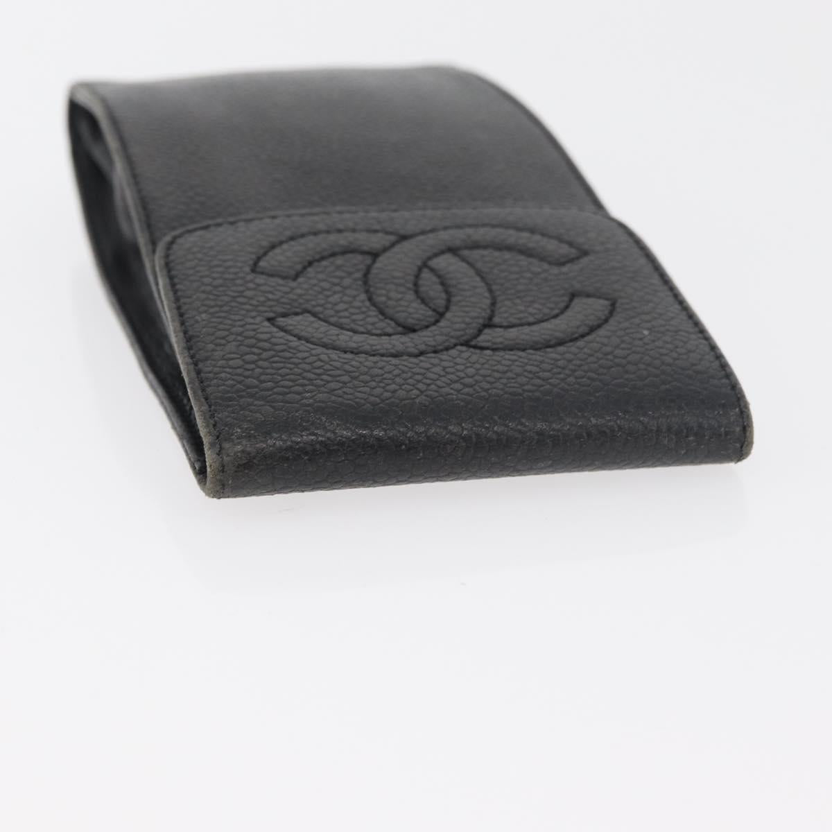 CHANEL Glasses Case Caviar Skin Black Gold CC Auth am11661