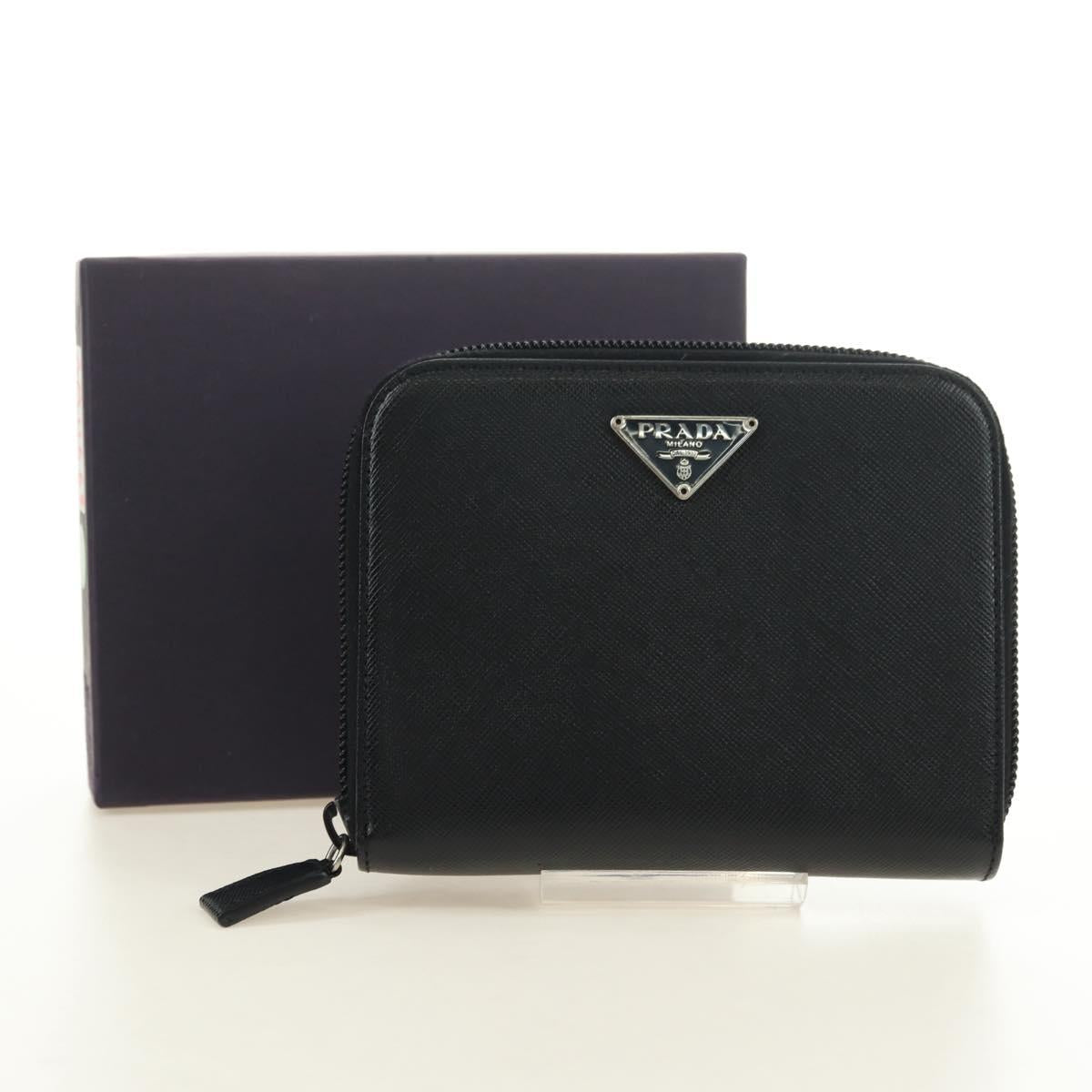 PRADA Bifold Wallet Safiano leather Black Silver Auth am11669V