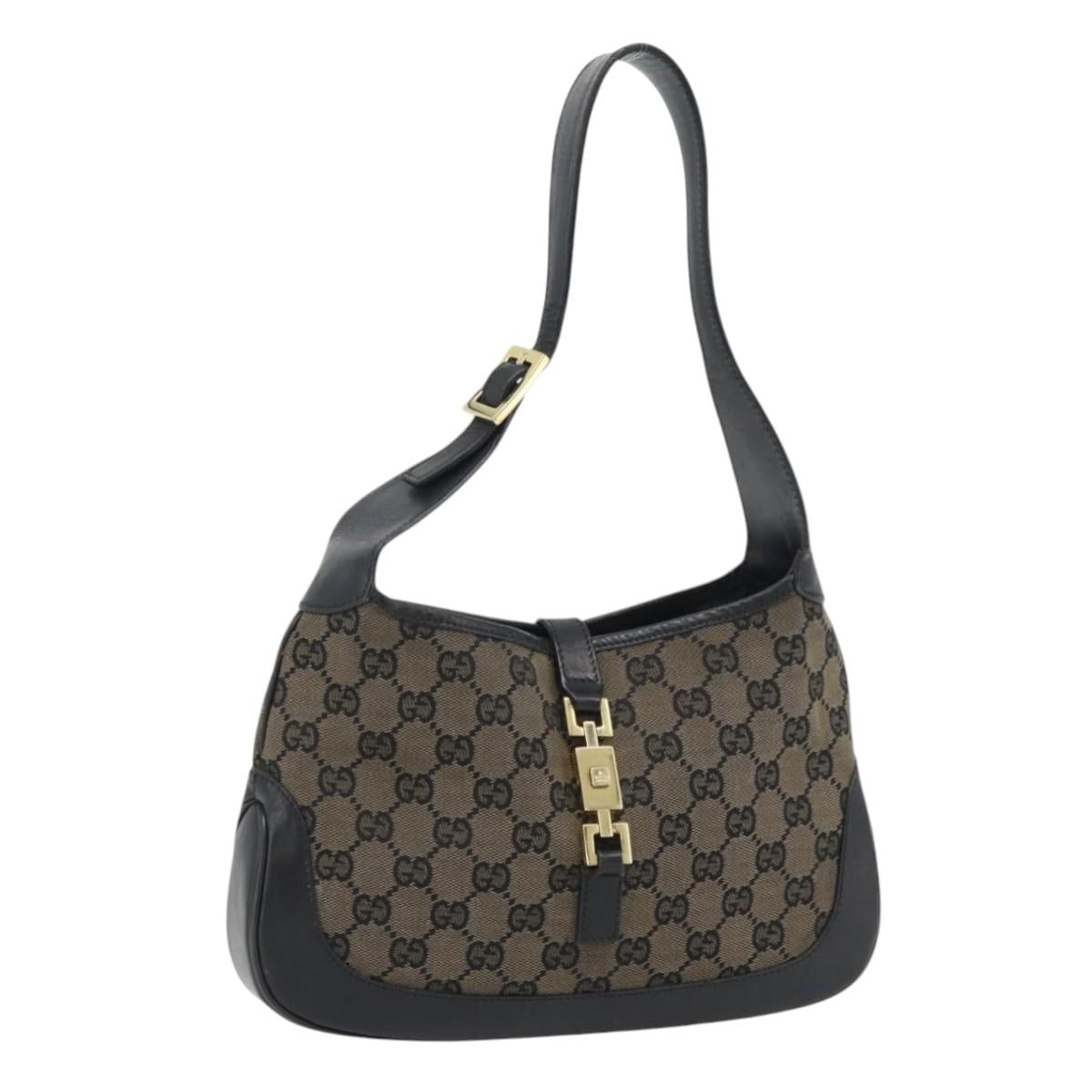 GUCCI Jackie GG Canvas Shoulder Bag Black Gold 001 3735 Auth am11675A