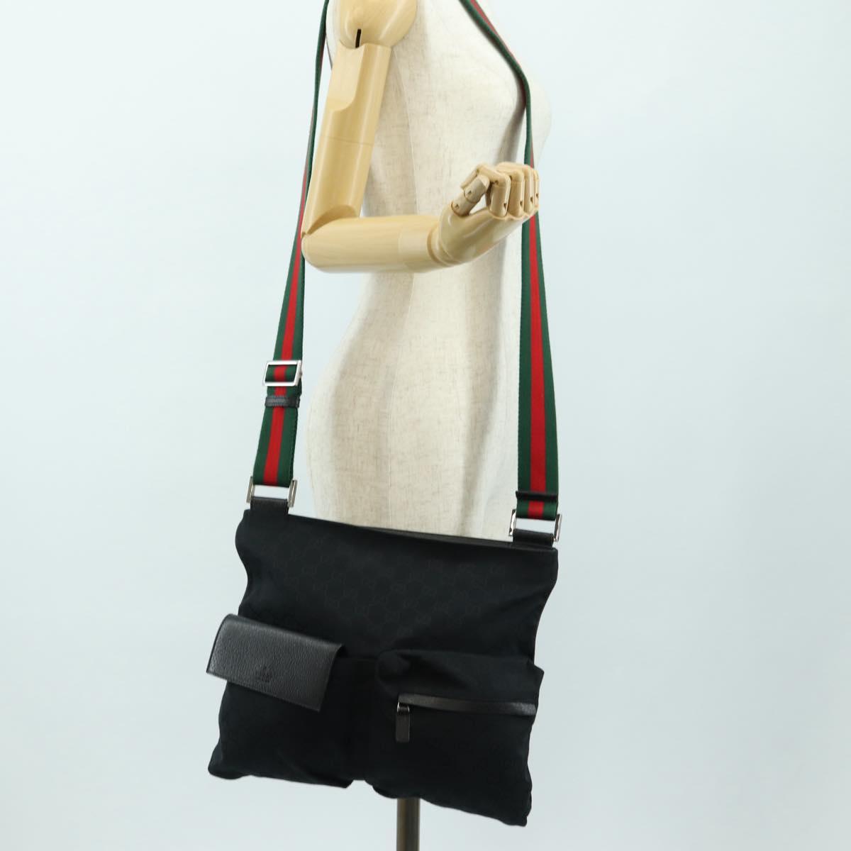 GUCCI Web Sherry Line Shoulder Bag Canvas Black Silver 169937 Auth am11677V