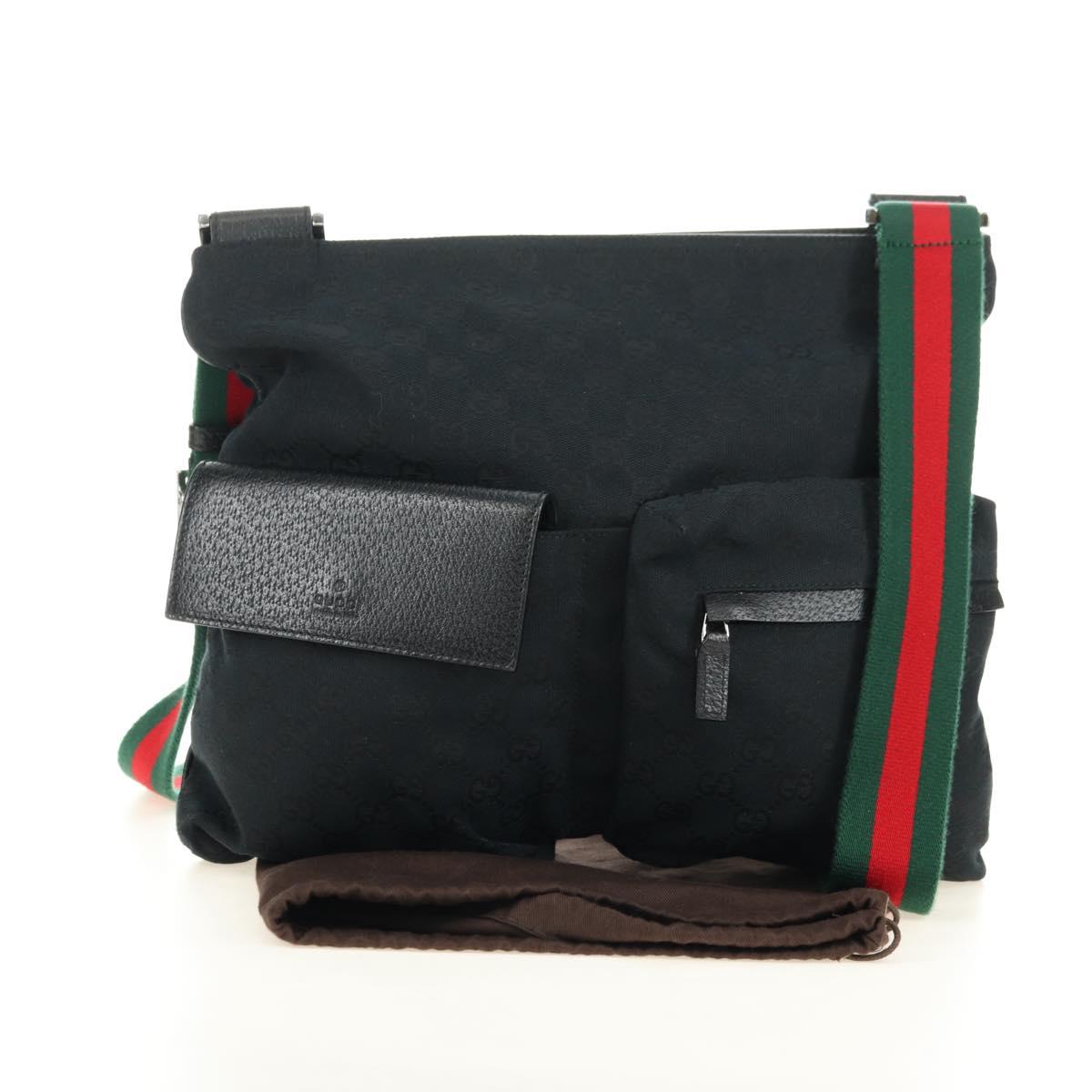 GUCCI Web Sherry Line Shoulder Bag Canvas Black Silver 169937 Auth am11677V