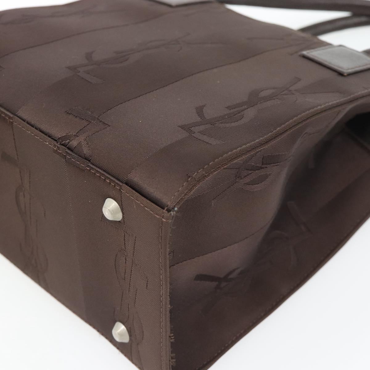 SAINT LAURENT Hand Bag Nylon Dark Brown Silver Auth am11678A