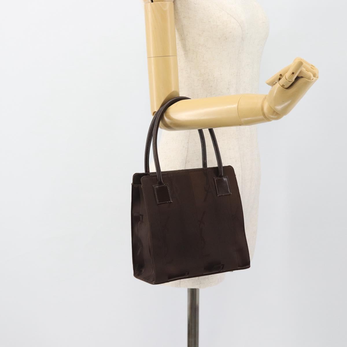 SAINT LAURENT Hand Bag Nylon Dark Brown Silver Auth am11678A
