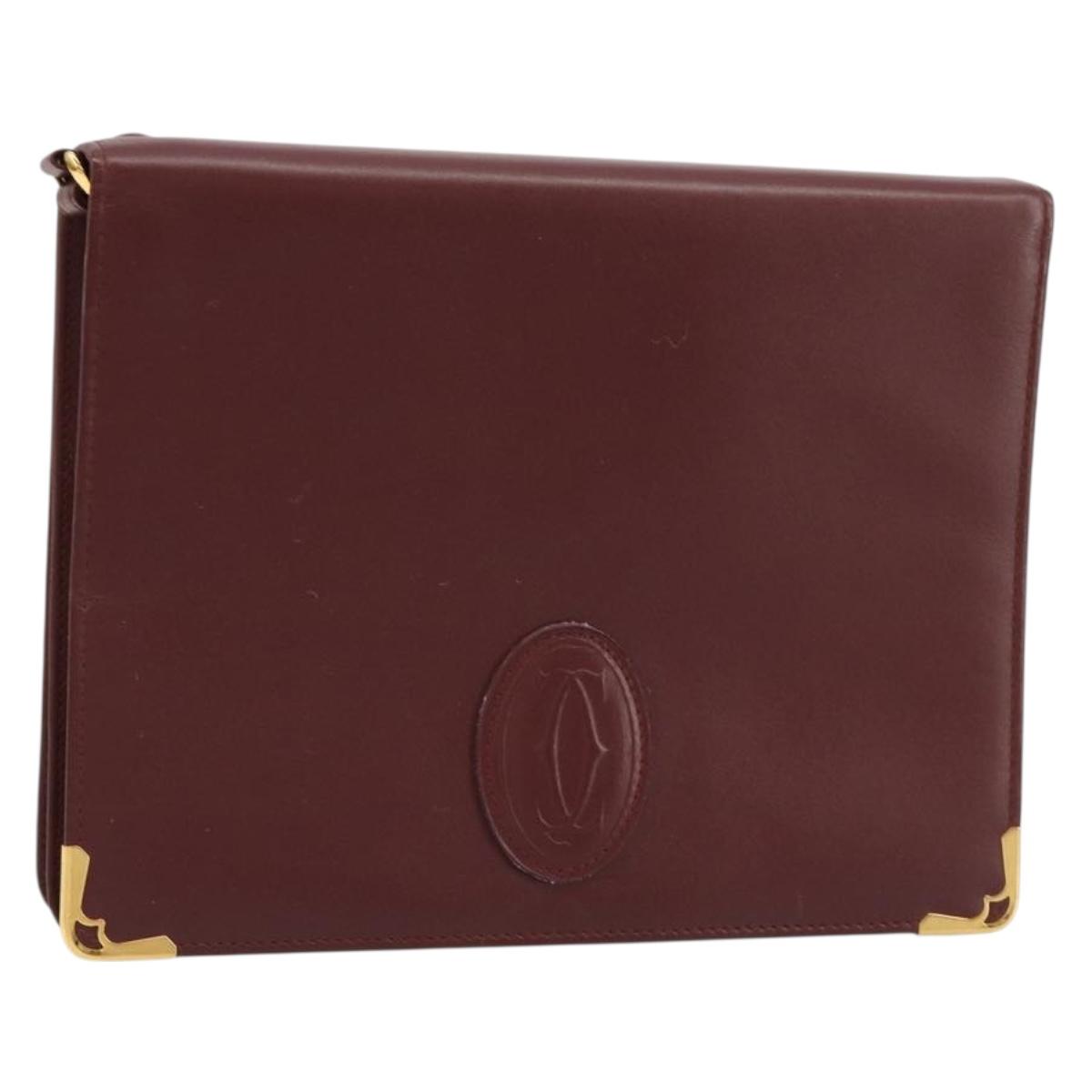 CARTIER Must Line Clutch Bag Leather Bordeaux Gold Auth am11694A