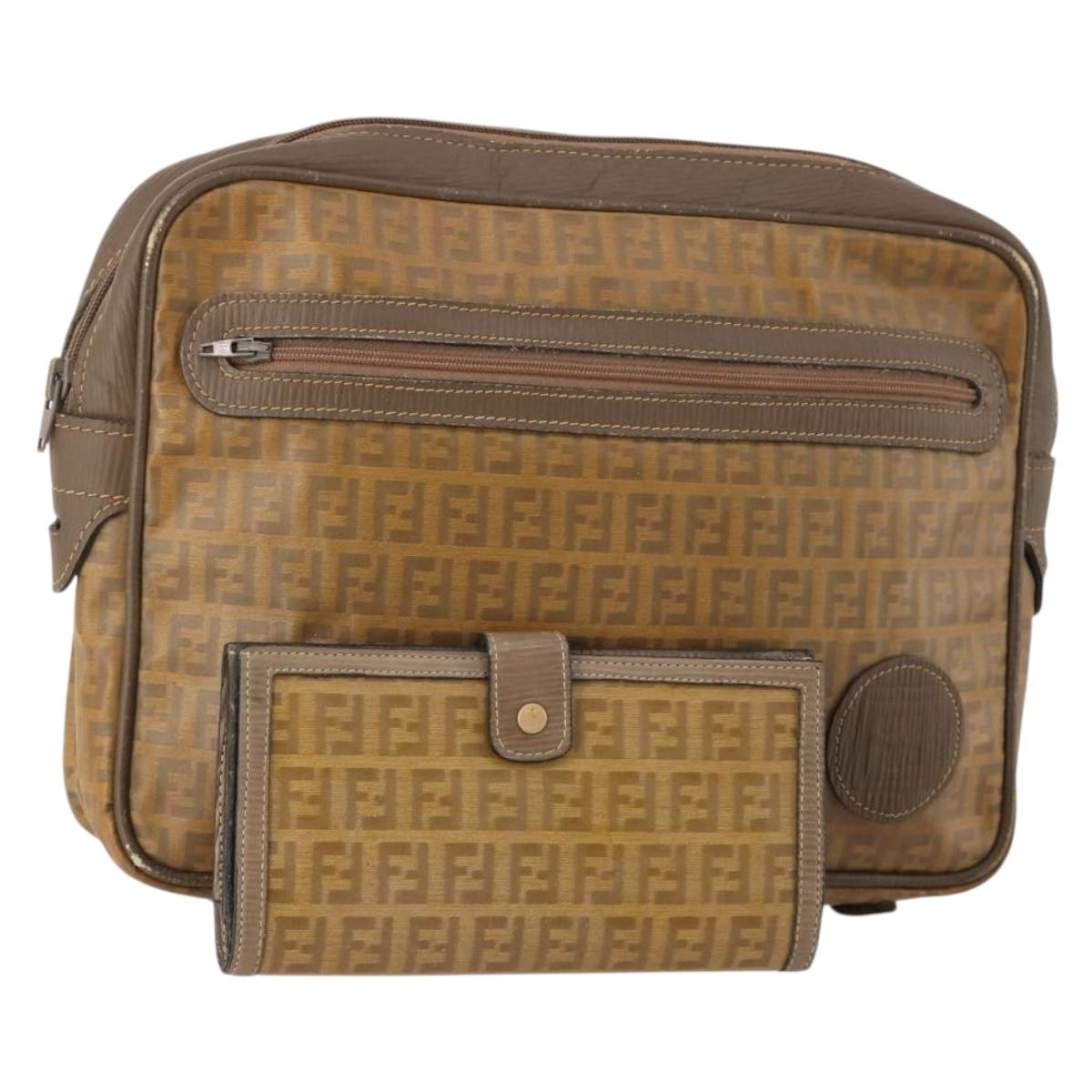 FENDI Zucchino Canvas Clutch Bag Coated Canvas 2 Set Beige Auth am11707