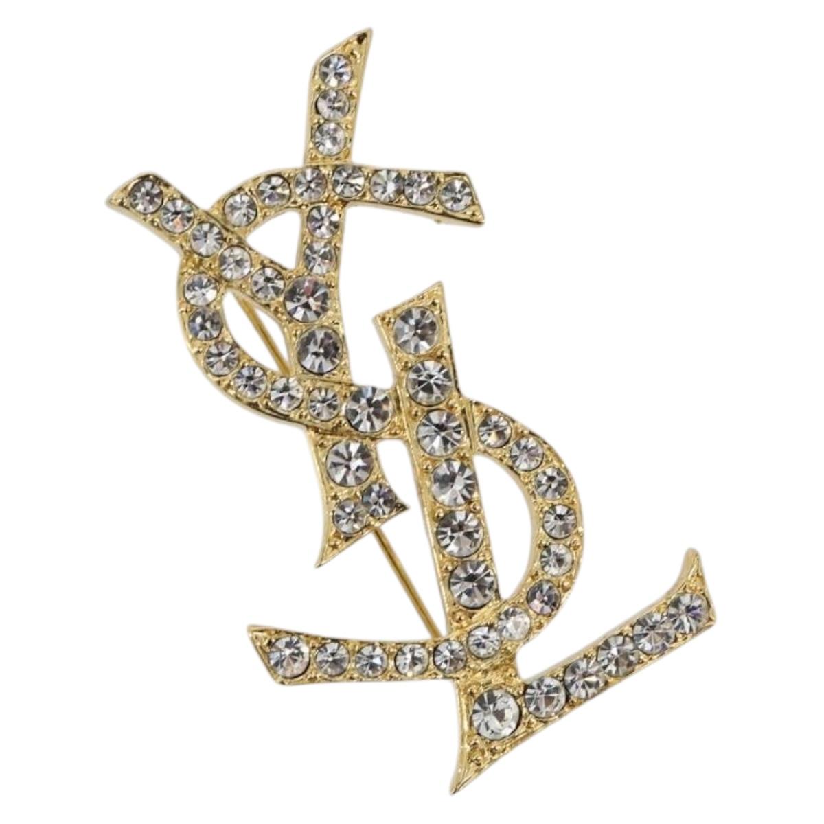 SAINT LAURENT Rhinestone Brooch metal Gold Auth am11733V