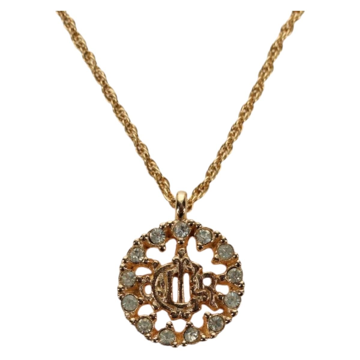 Christian Dior DIOR Logo Rhinestone Necklace metal Gold Auth am11748V