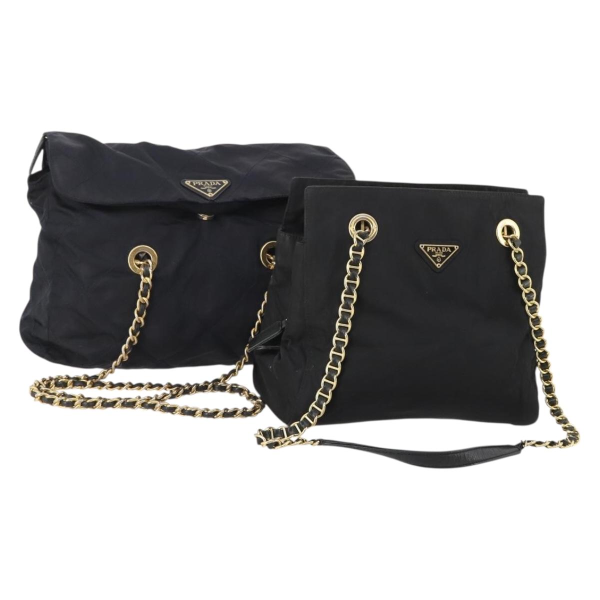 PRADA Chain Tote Bag Nylon 2 Set Navy Black Auth am11754