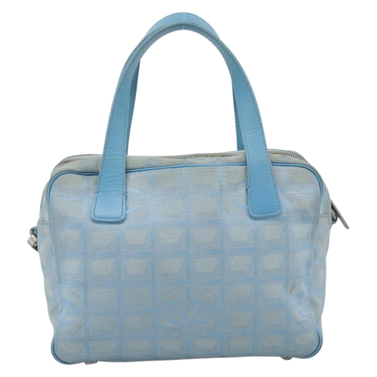 CHANEL New Travel line Hand Bag Canvas 2way Light Blue Silver CC Auth am11756