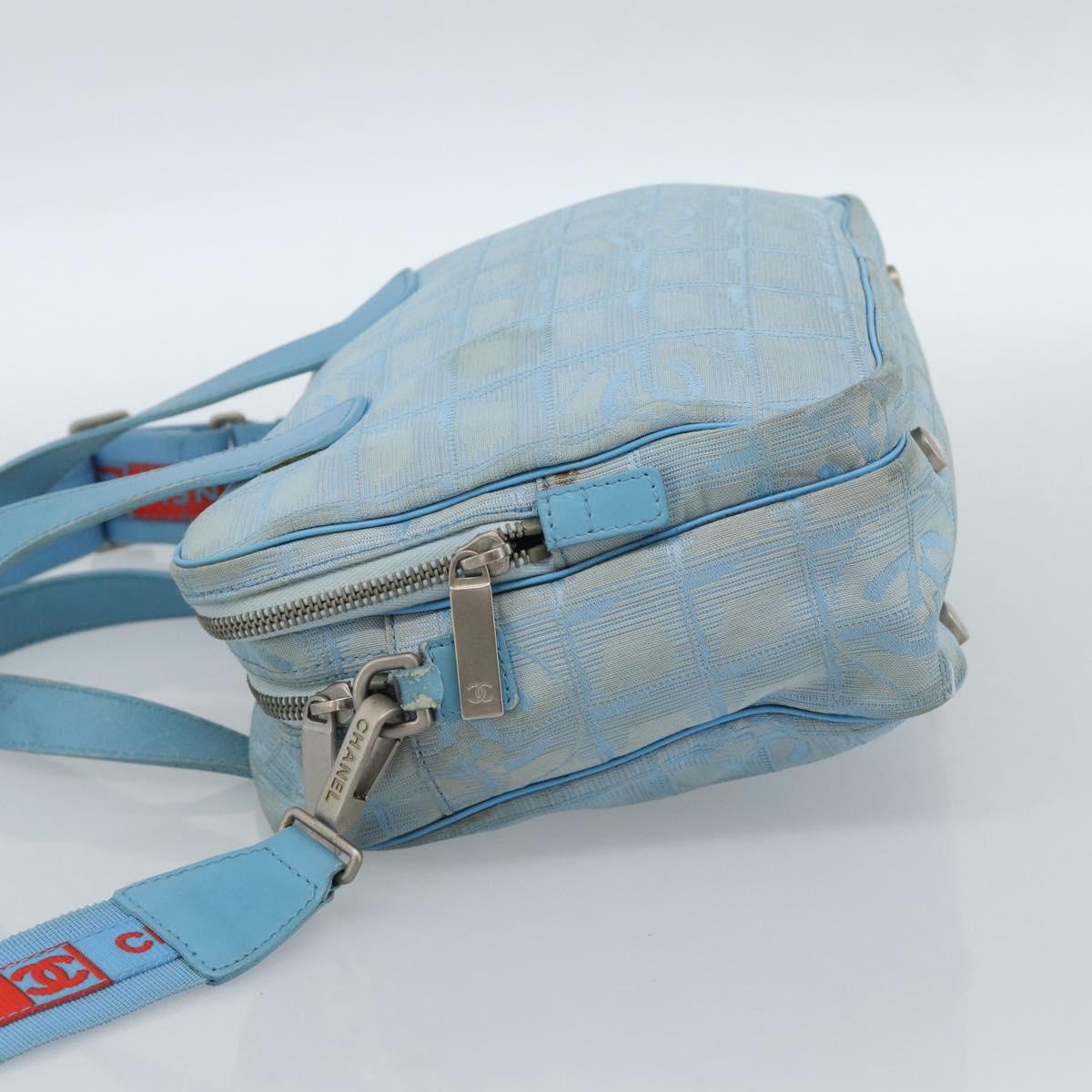 CHANEL New Travel line Hand Bag Canvas 2way Light Blue Silver CC Auth am11756