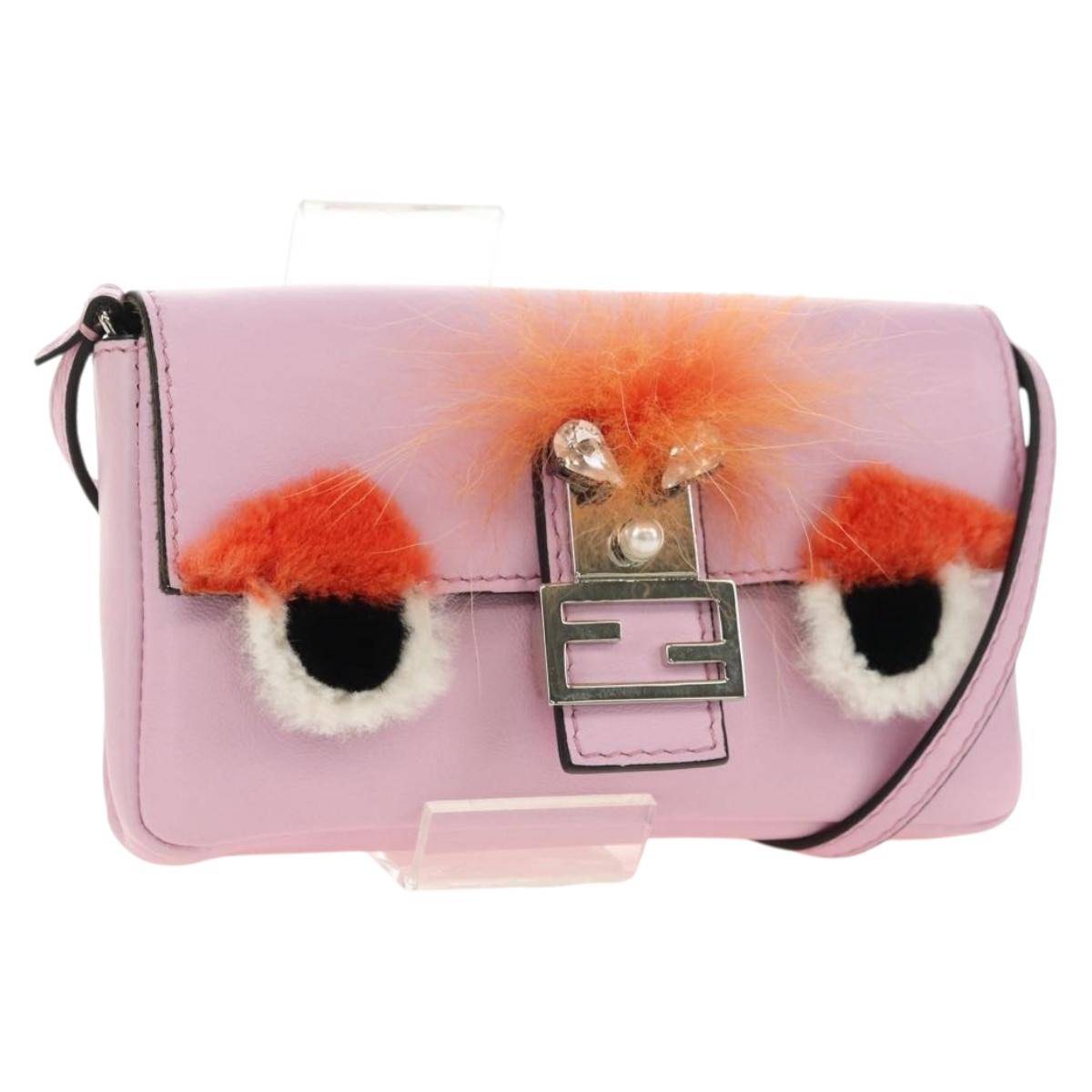 FENDI Monster Micro Bucket Shoulder Bag Leather Pink Silver Auth am11769M
