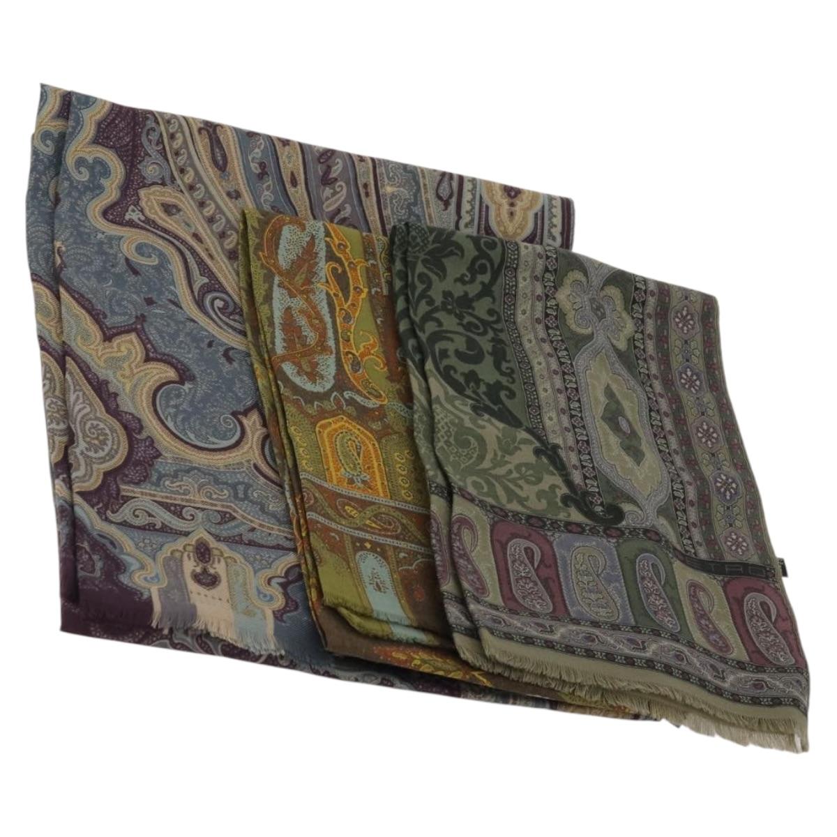 ETRO Scarf Silk Wool 3 Set Brown Blue Green Auth am11771
