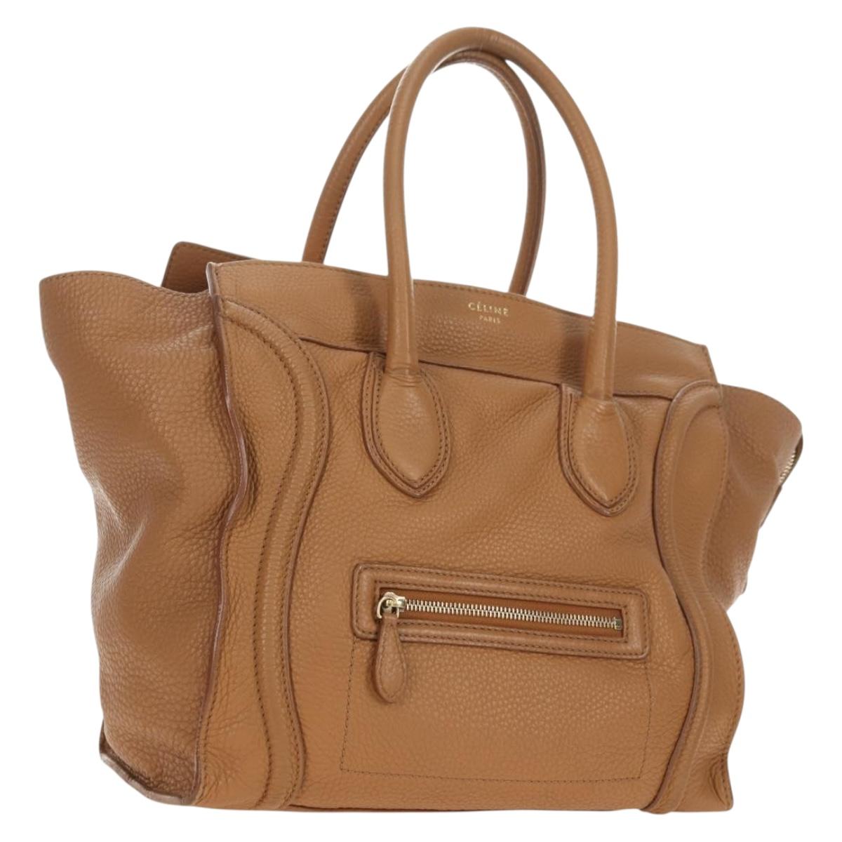 CELINE Luggage Micro Shopper Hand Bag Leather Beige Gold Auth am11775V