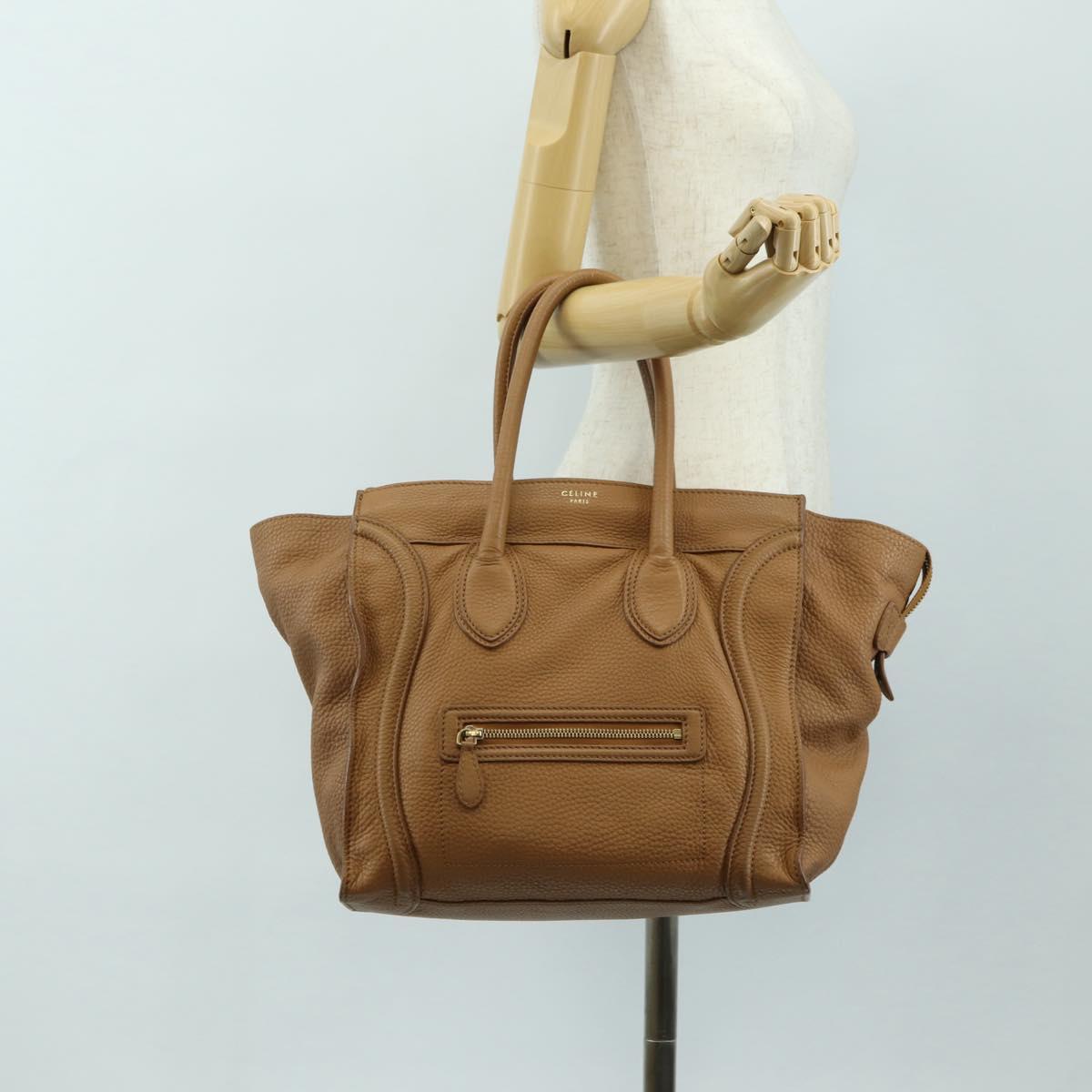 CELINE Luggage Micro Shopper Hand Bag Leather Beige Gold Auth am11775V