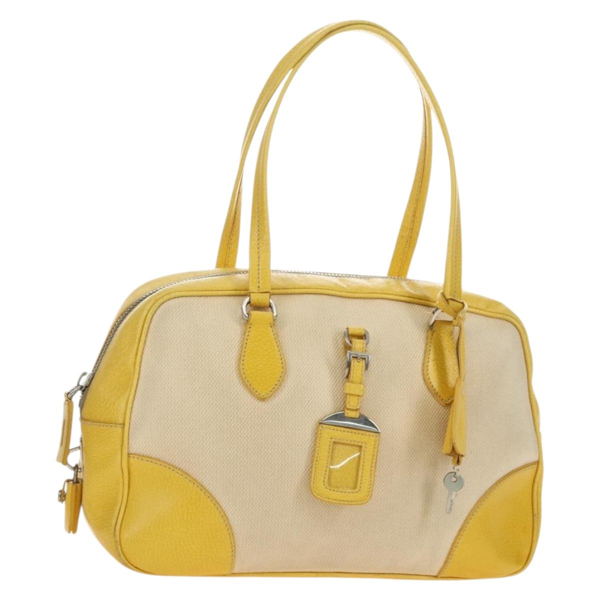 PRADA Hand Bag Canvas Leather Beige Yellow Silver Auth am11779V