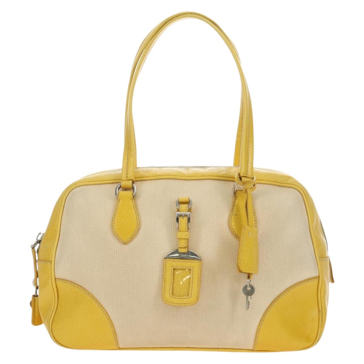 PRADA Hand Bag Canvas Leather Beige Yellow Silver Auth am11779V
