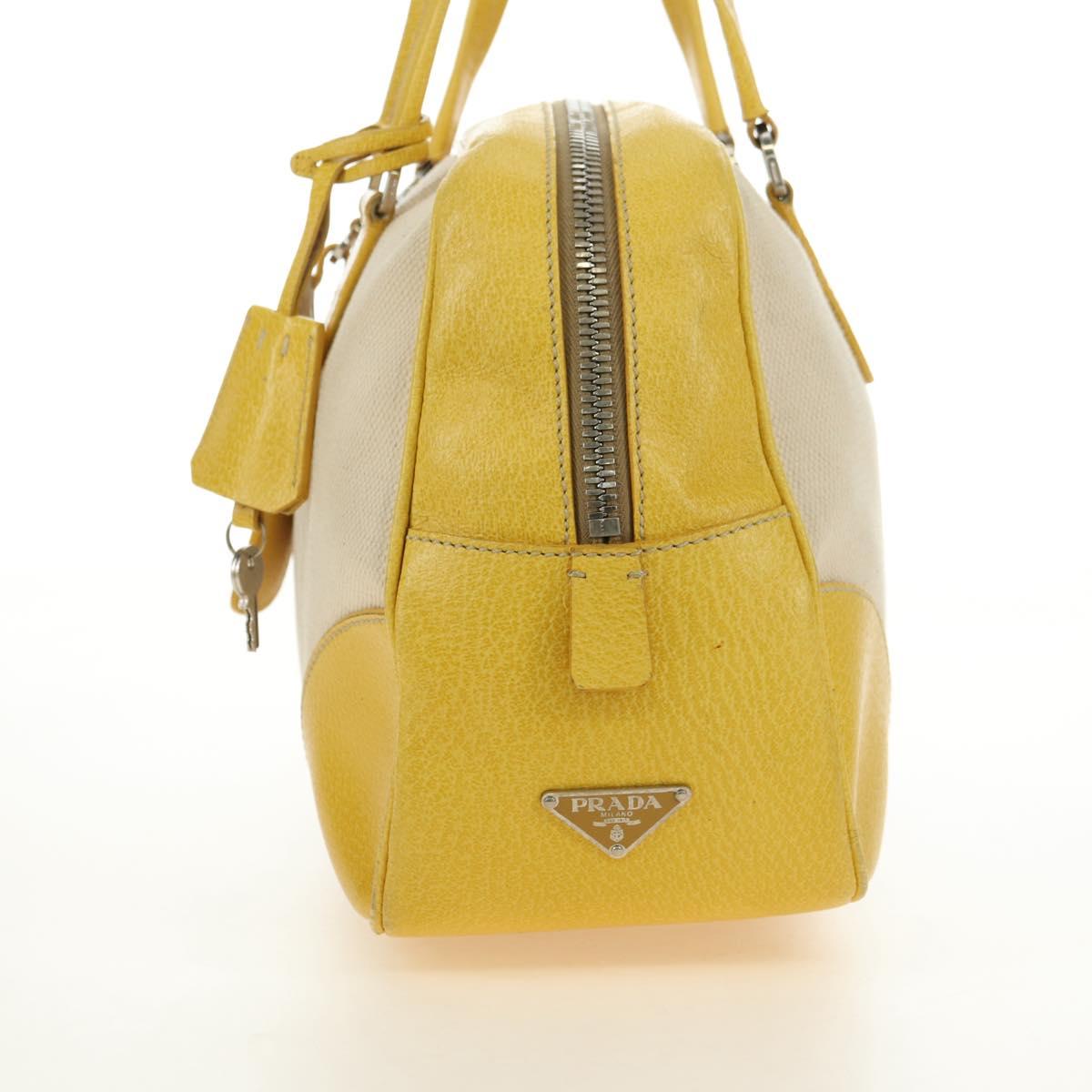 PRADA Hand Bag Canvas Leather Beige Yellow Silver Auth am11779V