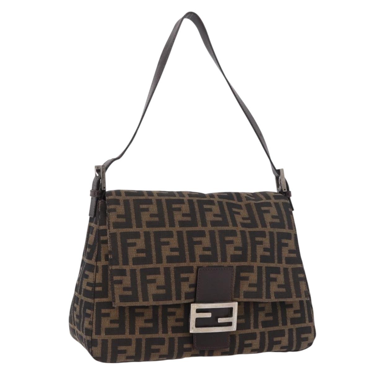 FENDI Zucca Canvas Mamma Baguette Shoulder Bag Black Brown Silver Auth am11783V