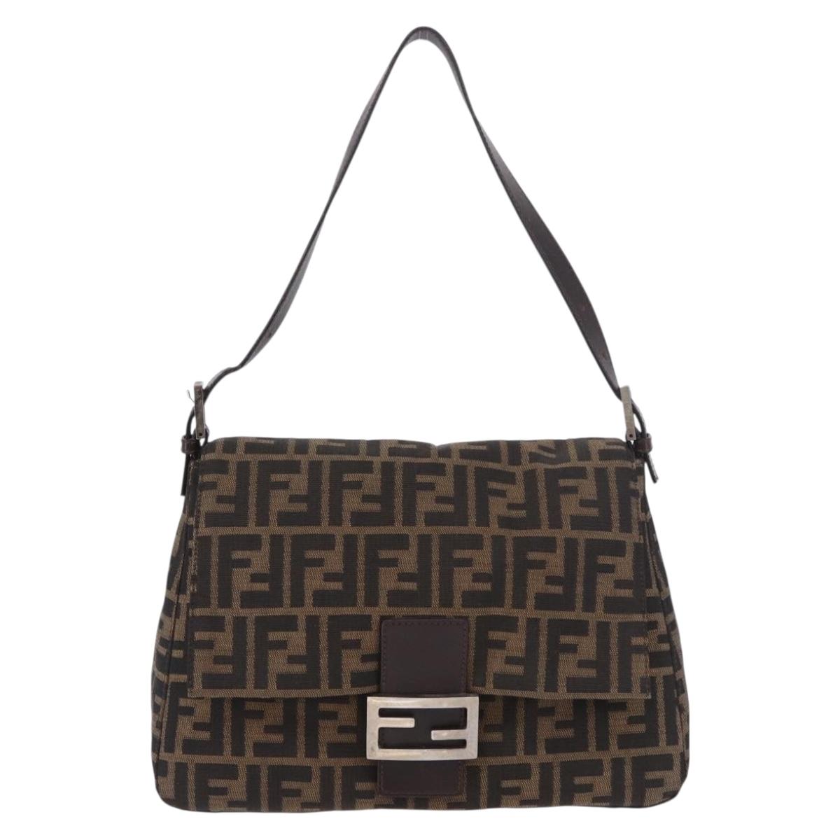 FENDI Zucca Canvas Mamma Baguette Shoulder Bag Black Brown Silver Auth am11783V