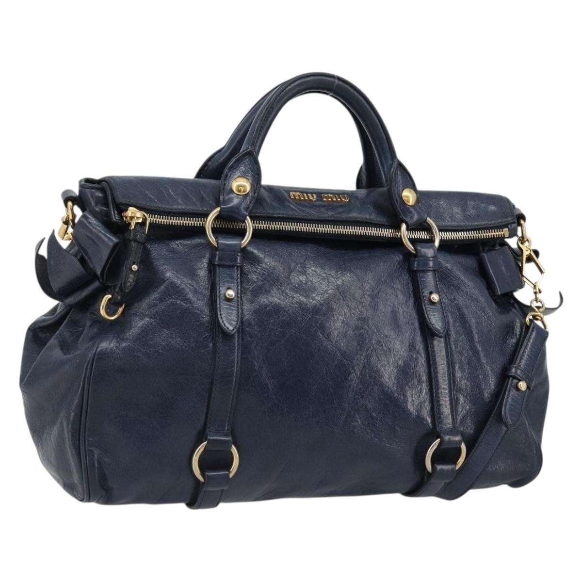 Miu Miu Side Ribbon Hand Bag Leather 2way Navy Gold Auth am11789A
