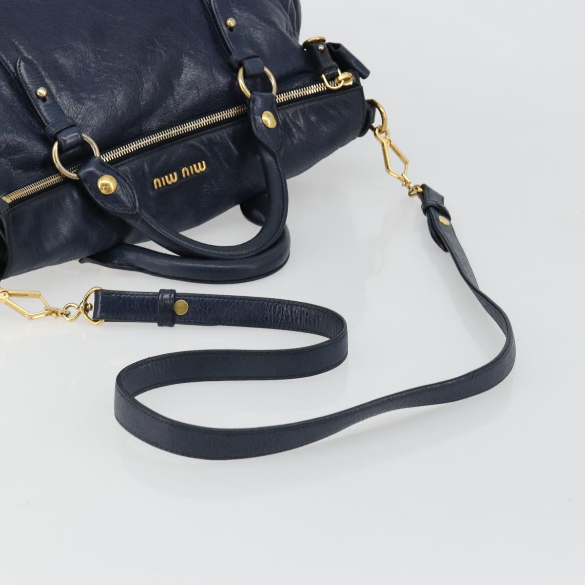 Miu Miu Side Ribbon Hand Bag Leather 2way Navy Gold Auth am11789A