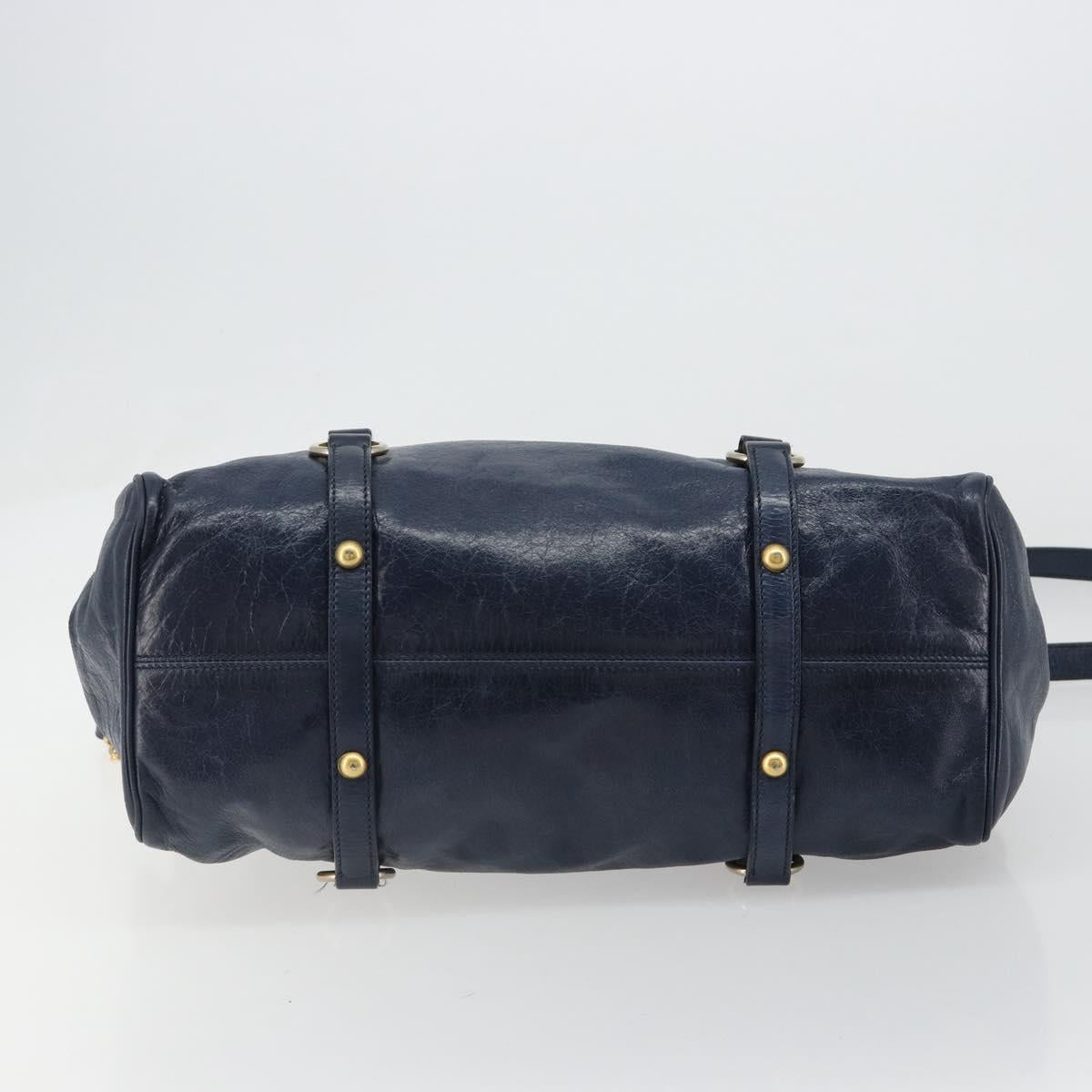Miu Miu Side Ribbon Hand Bag Leather 2way Navy Gold Auth am11789A