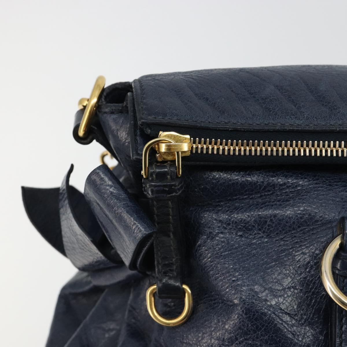 Miu Miu Side Ribbon Hand Bag Leather 2way Navy Gold Auth am11789A