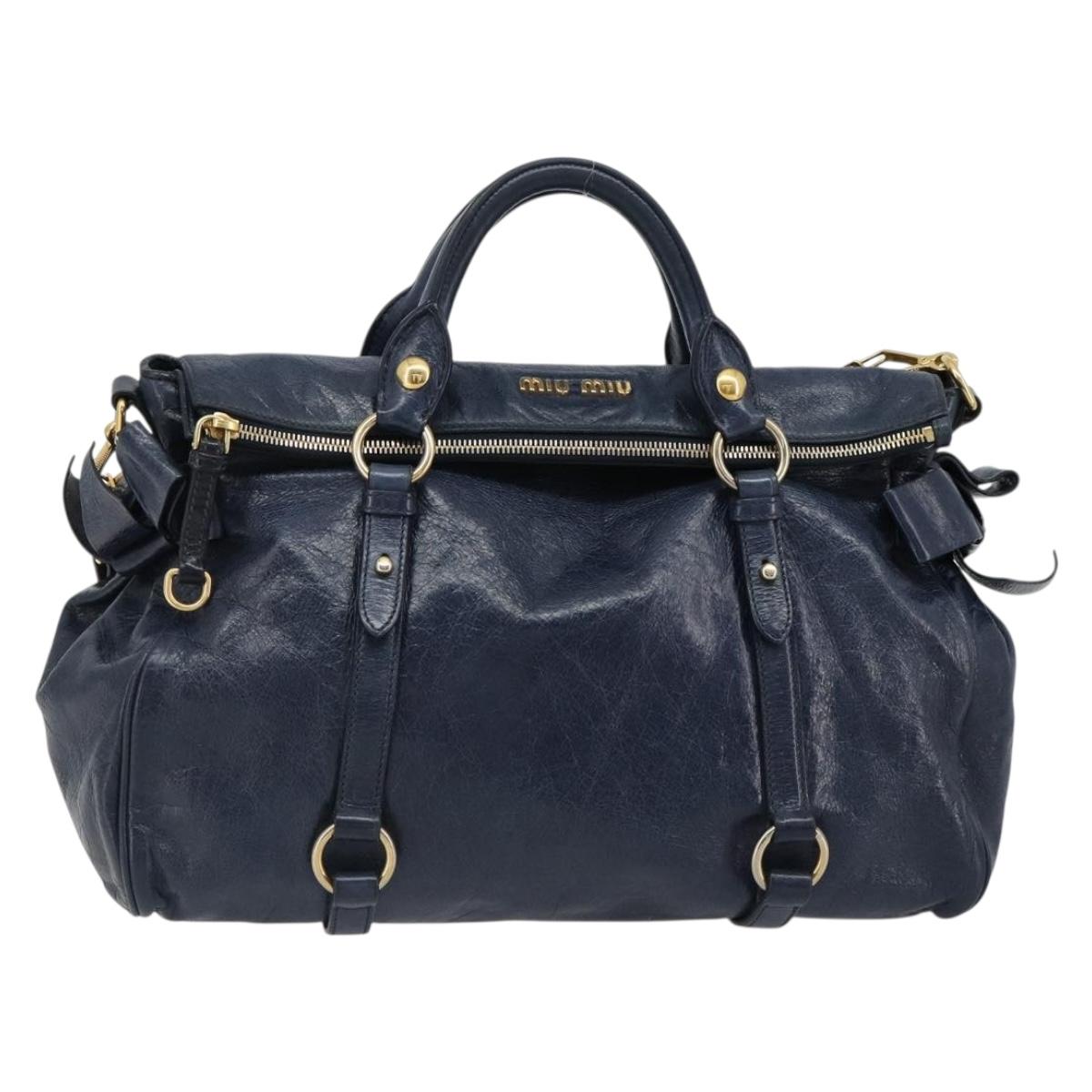 Miu Miu Side Ribbon Hand Bag Leather 2way Navy Gold Auth am11789A