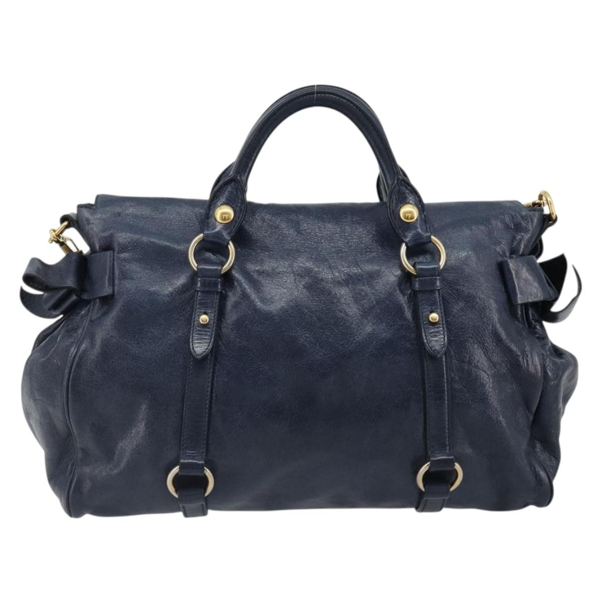Miu Miu Side Ribbon Hand Bag Leather 2way Navy Gold Auth am11789A