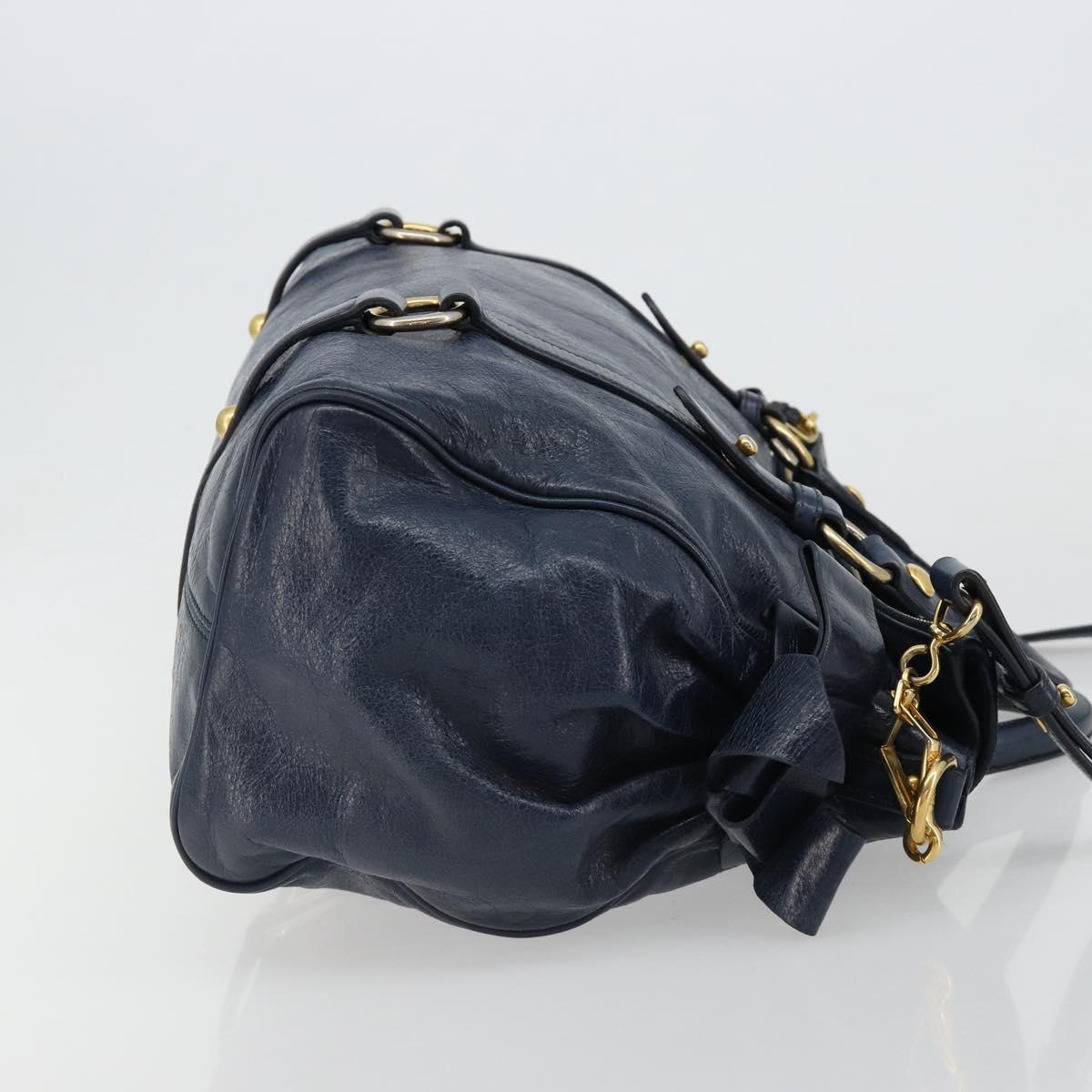 Miu Miu Side Ribbon Hand Bag Leather 2way Navy Gold Auth am11789A