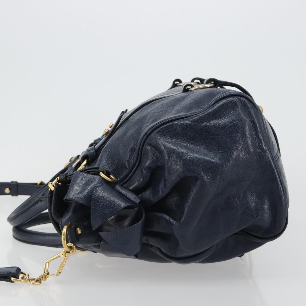 Miu Miu Side Ribbon Hand Bag Leather 2way Navy Gold Auth am11789A