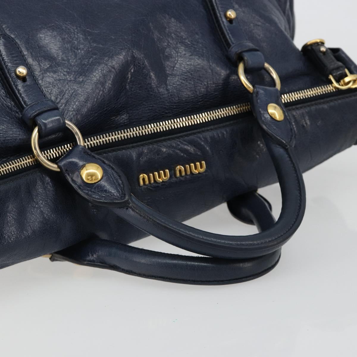 Miu Miu Side Ribbon Hand Bag Leather 2way Navy Gold Auth am11789A