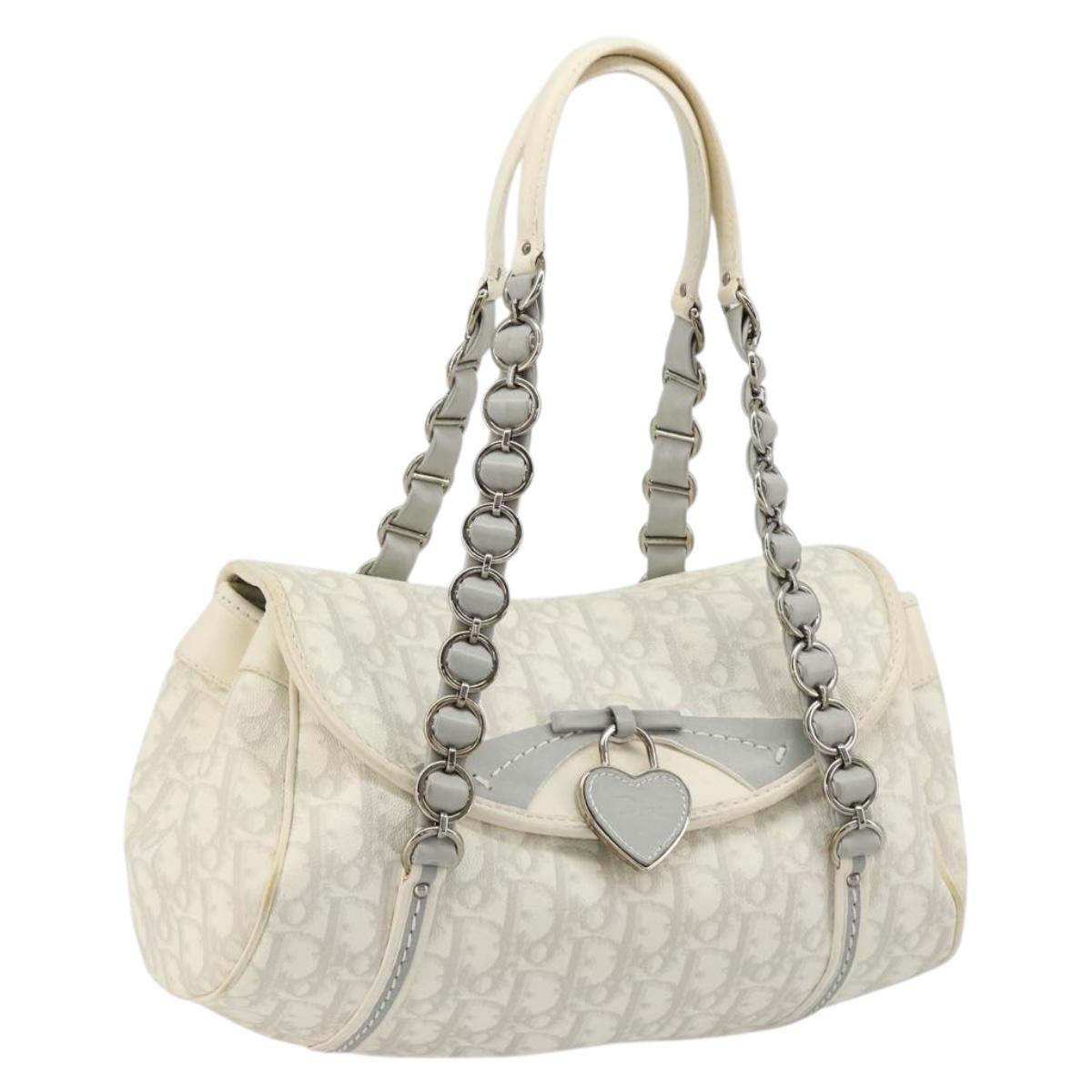 Christian Dior Trotter Canvas Romantic Chain Bag PVC White Silver Auth am11806V