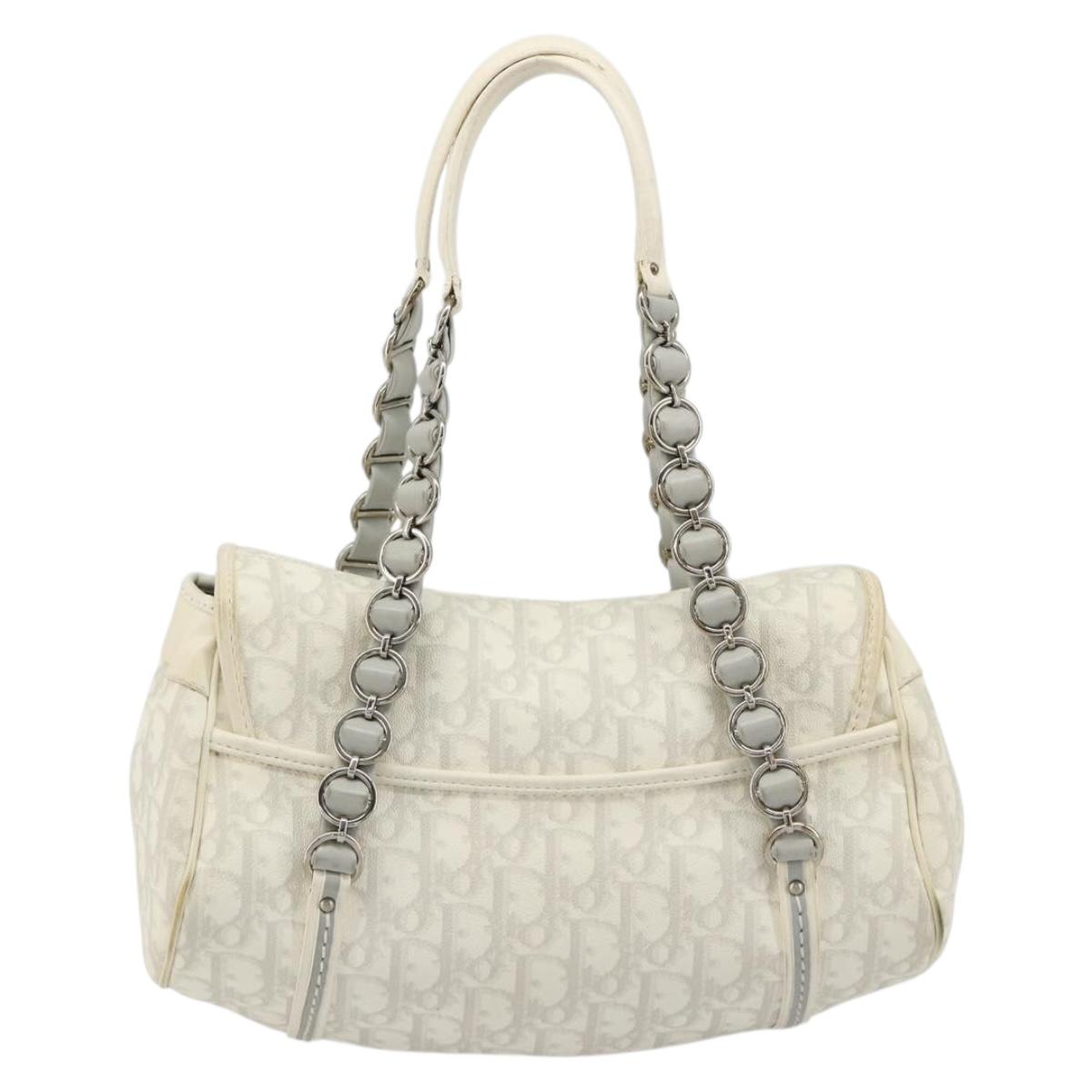 Christian Dior Trotter Canvas Romantic Chain Bag PVC White Silver Auth am11806V