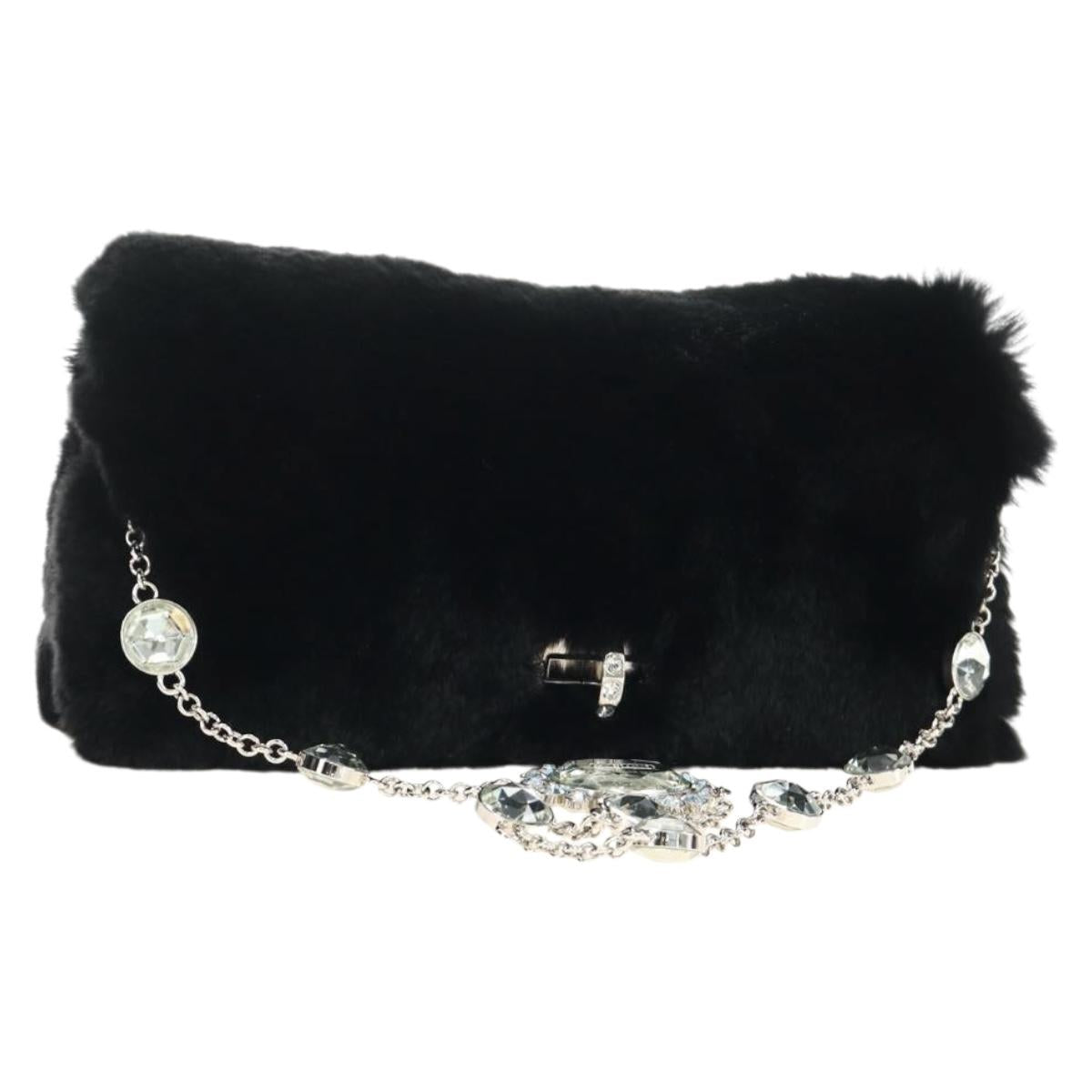 Miu Miu Crystal Chain Shoulder Bag Fur Black Silver 5BD233 Auth am11808SAM
