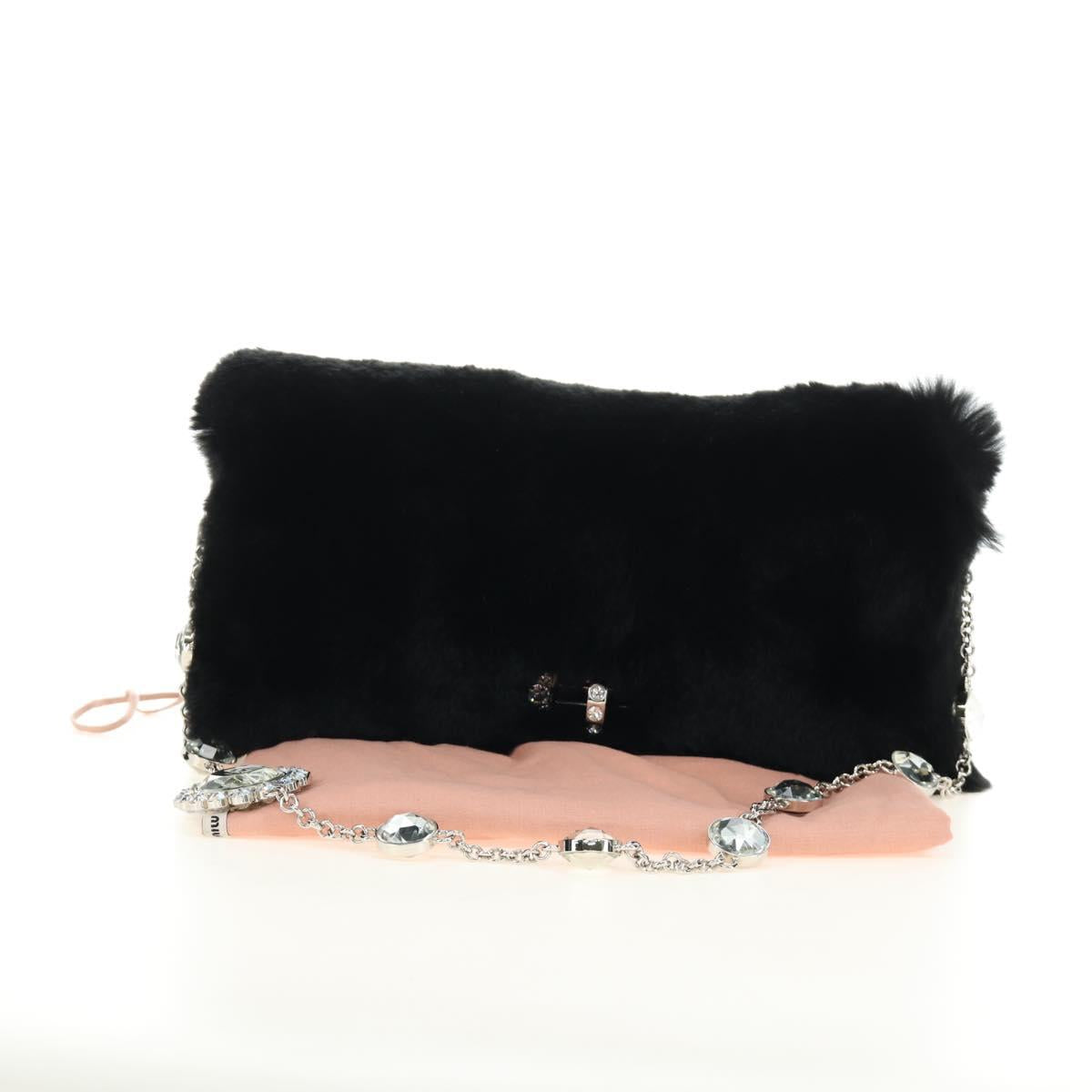 Miu Miu Crystal Chain Shoulder Bag Fur Black Silver 5BD233 Auth am11808SAM