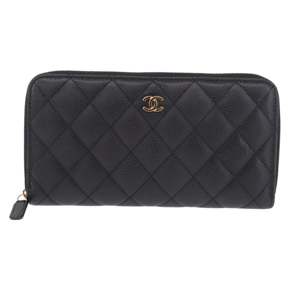 CHANEL Matelasse Long Wallet Caviar Skin Black Gold CC Auth am11846M