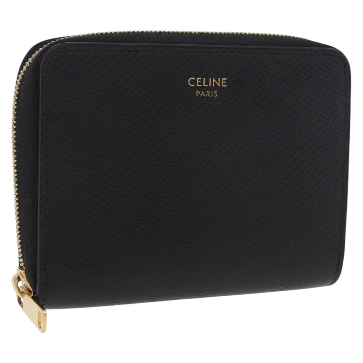 CELINE Round Compact Wallet Leather Black Gold Auth am11856V