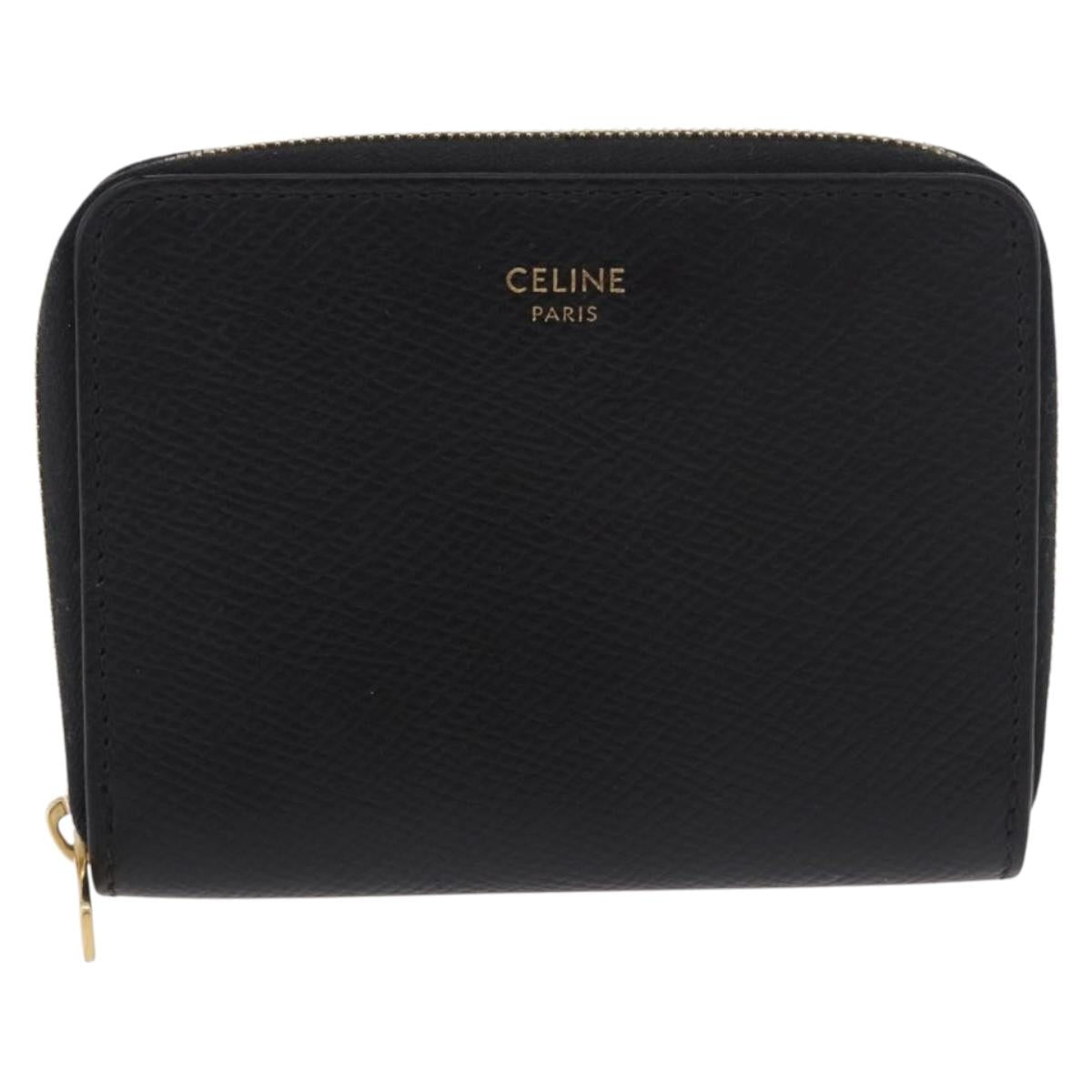 CELINE Round Compact Wallet Leather Black Gold Auth am11856V