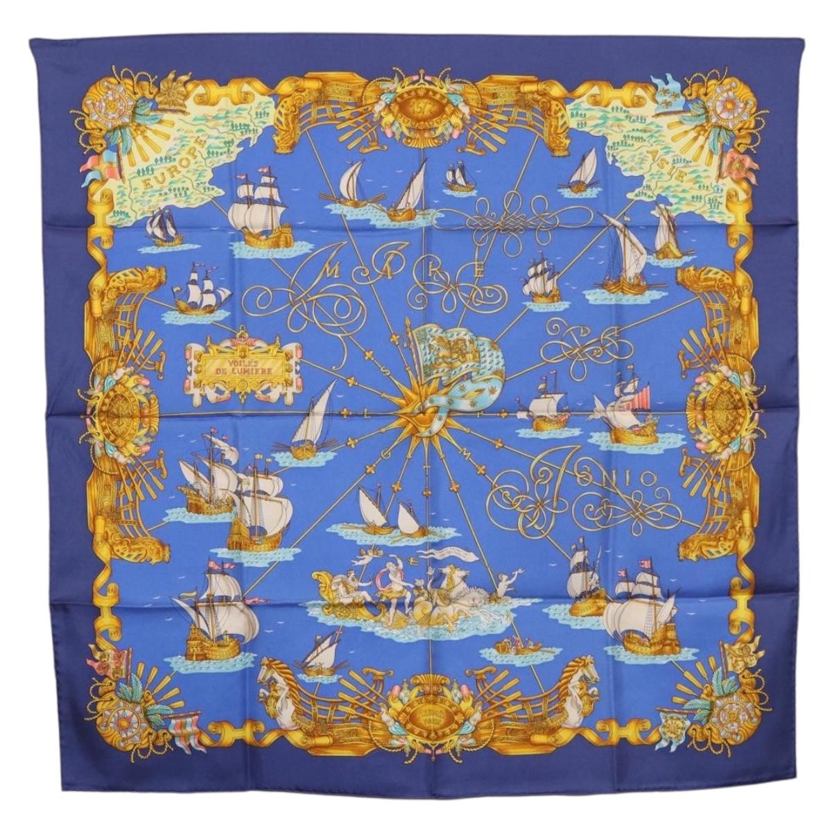 HERMES Carre 90 Scarf ""VOILES DE LUMIERE"" Silk Blue Auth am11862M