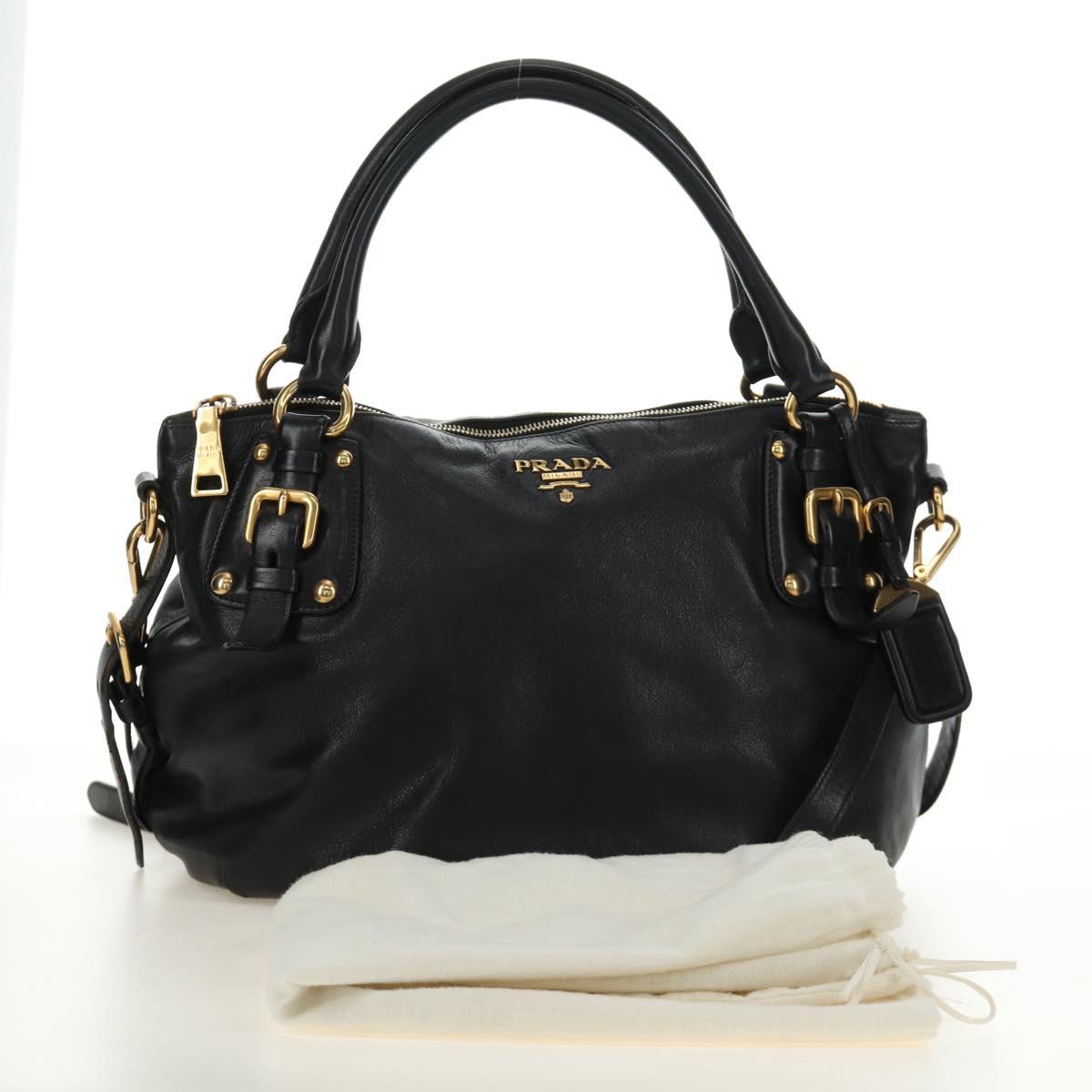 PRADA Hand Bag Leather 2way Black Gold Auth am11866V