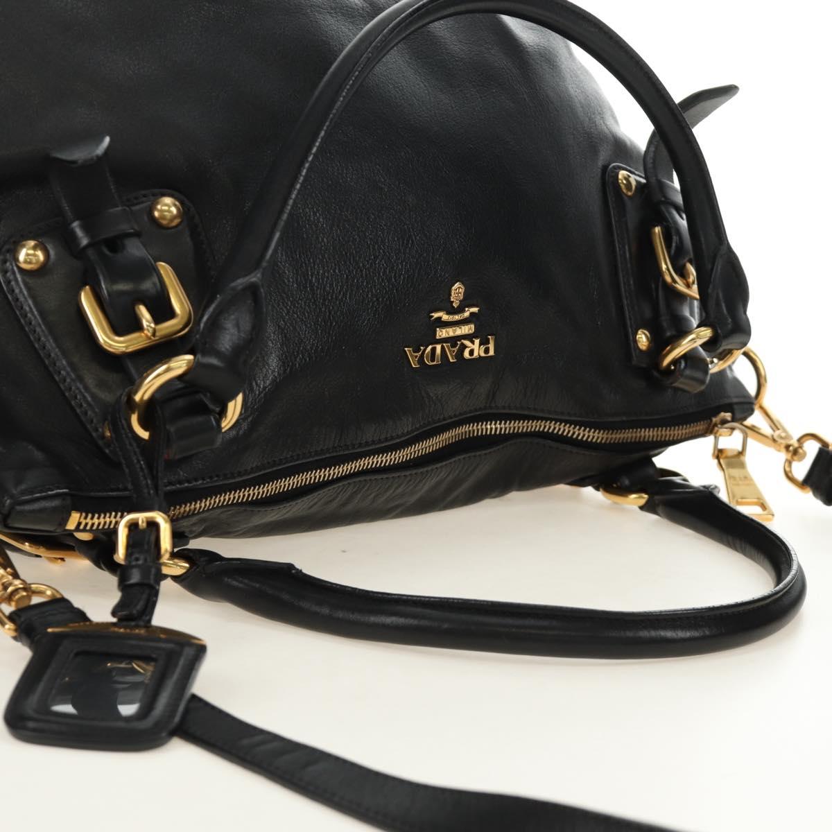 PRADA Hand Bag Leather 2way Black Gold Auth am11866V
