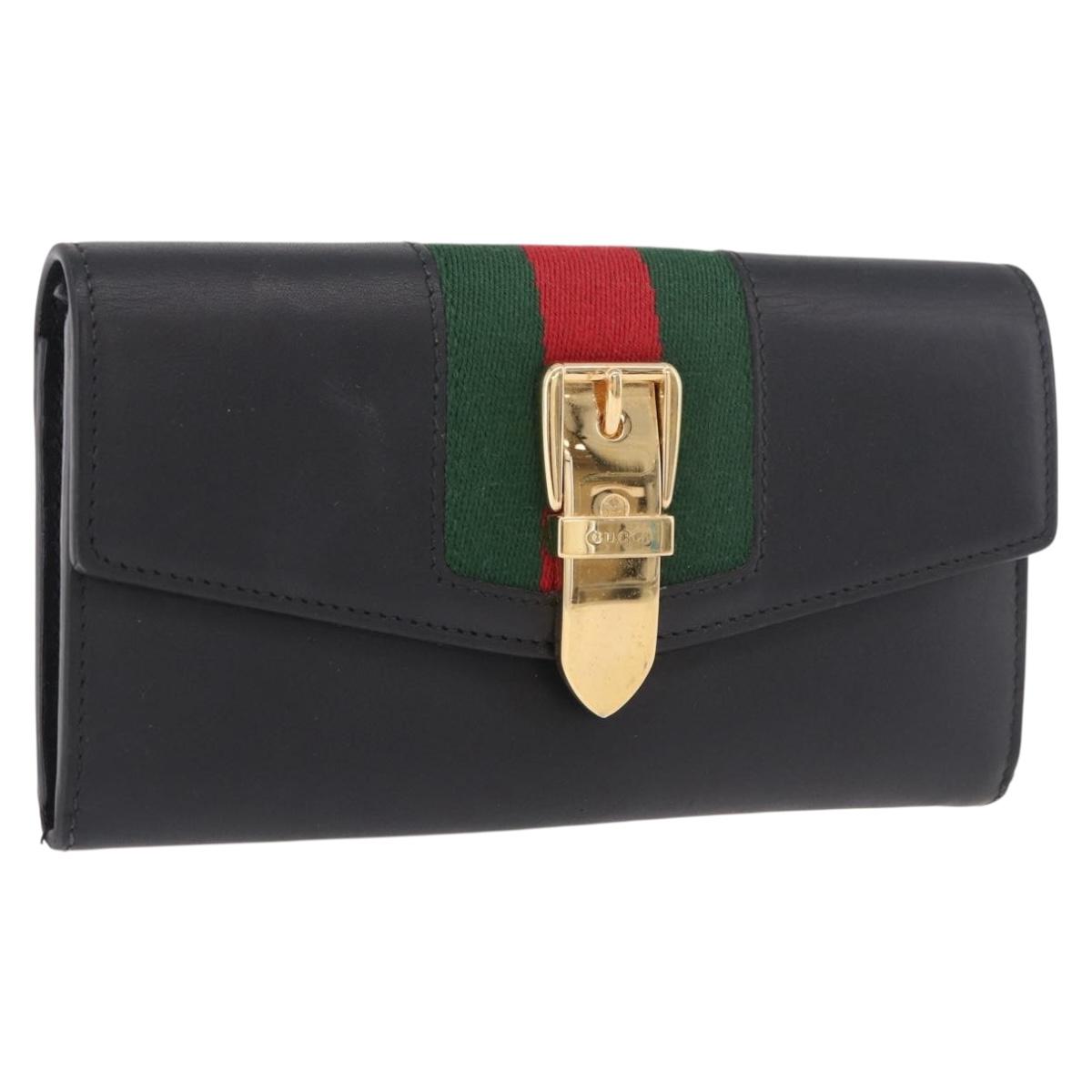 GUCCI Silvi Web Sherry Line Long Wallet Leather Black Red 476084 Auth am11867V